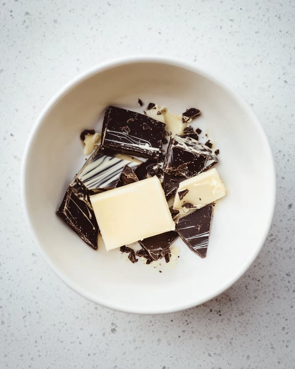 A white bowl is placed on a white marbled surface, filled with broken pieces of dark chocolate scattered around a single solid white chocolate piece in the center. The dark chocolate pieces are rough and uneven, some with visible textures, while the white chocolate block is smooth and square-shaped. The lighting is soft and natural, showing the contrast between the dark and white chocolates clearly. photo taken with an iphone --ar 4:5 --v 7
