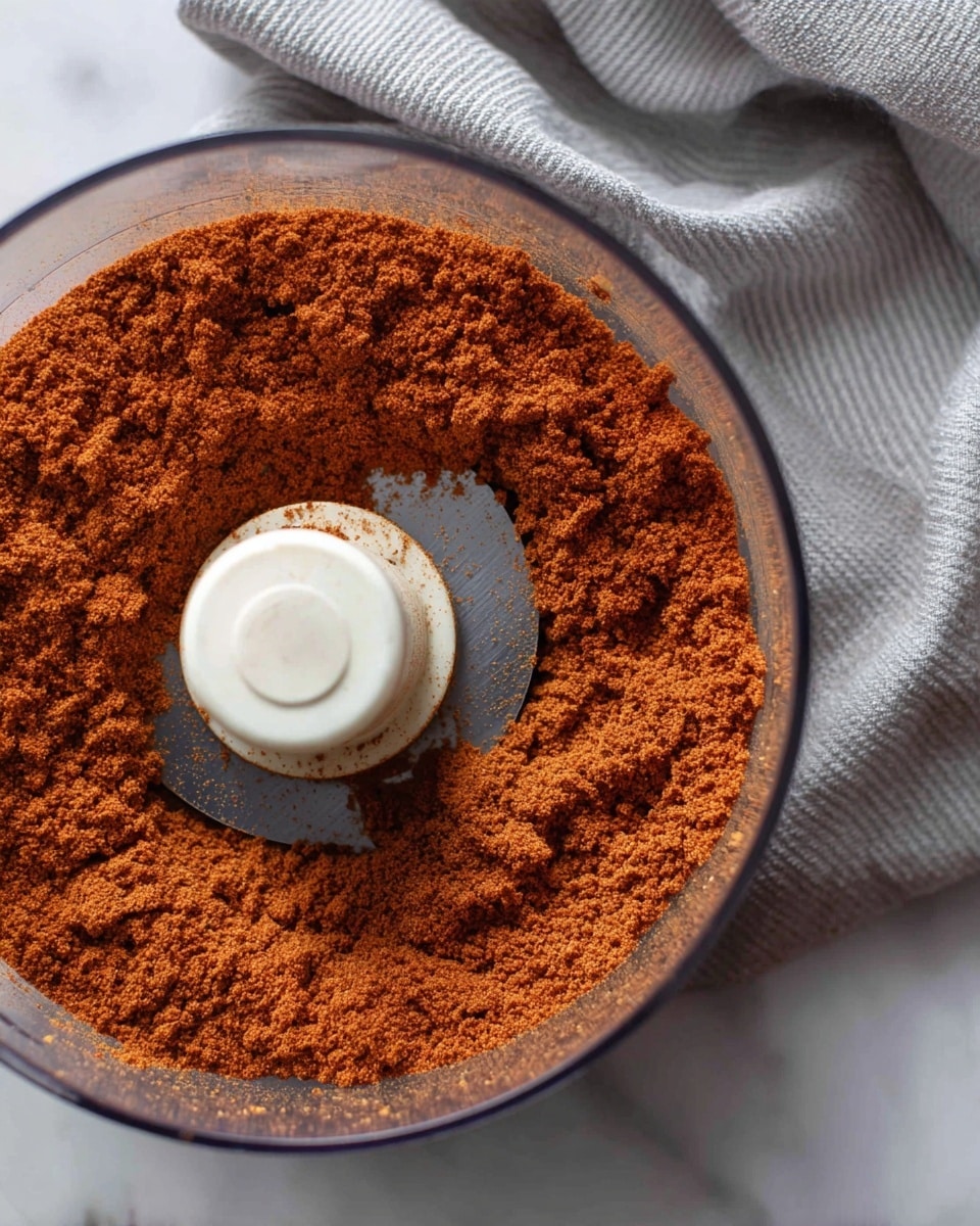 A close-up top view of a food processor bowl filled with a single layer of finely ground reddish-brown powder that has a soft and crumbly texture, with a white and metal blade partially visible in the center, and a gray cloth underneath the bowl on a white marbled surface photo taken with an iphone --ar 4:5 --v 7