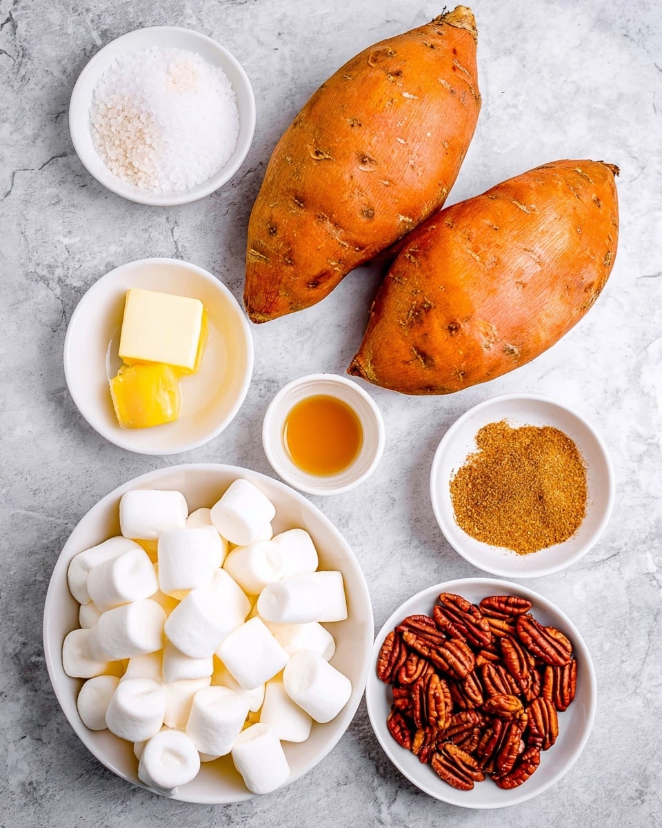 The image shows six photos in a grid that portray steps of making a sweet potato dish. The first photo displays all the ingredients on a white marbled surface: two whole sweet potatoes, a small white bowl of marshmallows, a small white bowl of pecans, a small white bowl of brown sugar, a small white bowl with salt, a small white bowl with red syrup, and a piece of butter on a small square white dish. The second photo shows a baking tray lined with foil on the white marbled surface, covered with one layer of sliced raw orange sweet potatoes placed closely but not overlapping. The third photo shows the same tray after baking, where the sweet potato slices look softer, darker orange, and slightly shriveled, still in one layer. The fourth photo shows the tray with the baked sweet potato slices topped with a layer of white marshmallows evenly spread across the slices. The fifth photo shows the tray after baking again, where the marshmallows have melted and puffed up, some starting to brown, and pecans are arranged on top of the marshmallows in a single layer. The sixth photo shows the fully cooked dish on the tray, with golden-brown toasted marshmallows topping the orange sweet potatoes, and pecans on top, all on foil over the white marbled surface. Photo taken with an iphone --ar 4:5 --v 7