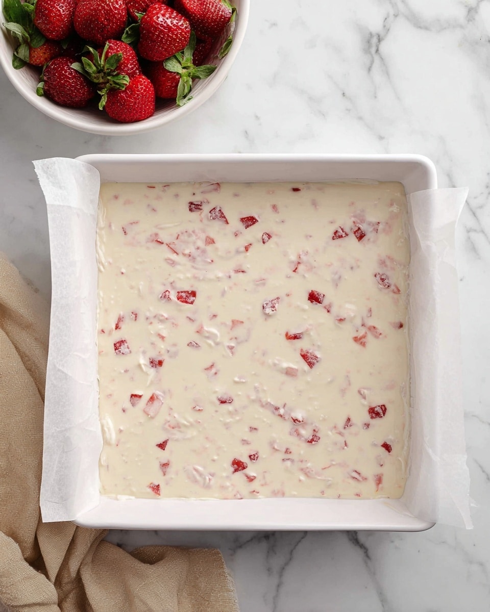 A white square baking dish lined with parchment paper holds one layer of creamy mixture with small red strawberry pieces evenly spread inside it. The mixture has a smooth texture with visible bits of strawberry throughout, giving a speckled look of red inside the pale, creamy base. To the top left of the dish, there is a white bowl filled with fresh, whole red strawberries with green leaves. A beige cloth napkin rests near the bottom left corner of the frame, and the whole scene is set on a white marbled surface. photo taken with an iphone --ar 4:5 --v 7