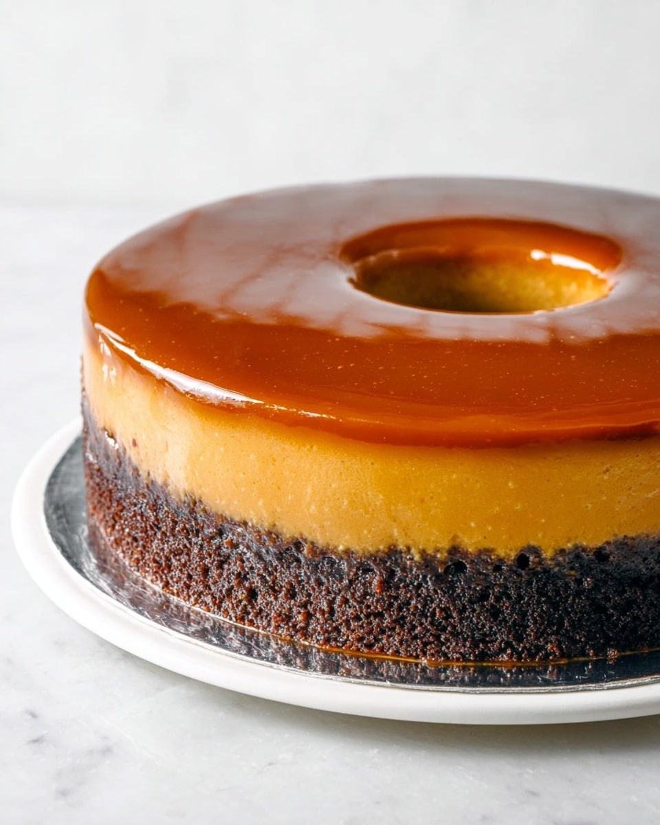 A round black bundt pan filled with a smooth pale yellow batter being poured from a metal container into it, showing a ring of dark brown thick batter clinging to the central tube and edges of the pan, all sitting on a white marbled surface. photo taken with an iphone --ar 4:5 --v 7