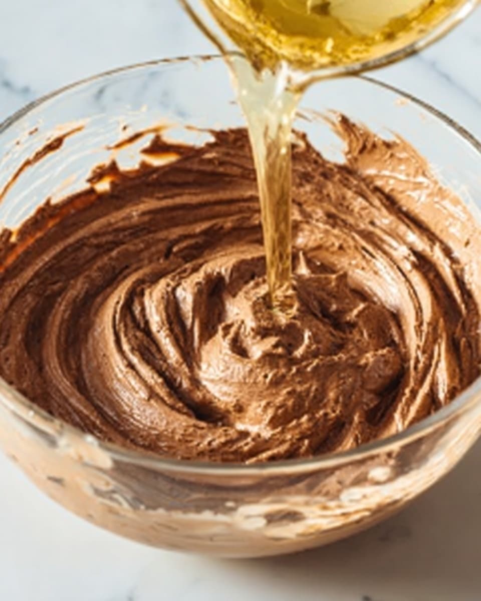 A close-up view of a round tart pan filled with smooth, light brown chocolate cream spread evenly across the surface. The tart has a dark brown crust visible along the edges, holding the filling firmly. A woman’s hand is holding a black-handled spatula, gently smoothing the top layer of chocolate cream. The background is a white marbled texture. Photo taken with an iphone --ar 4:5 --v 7