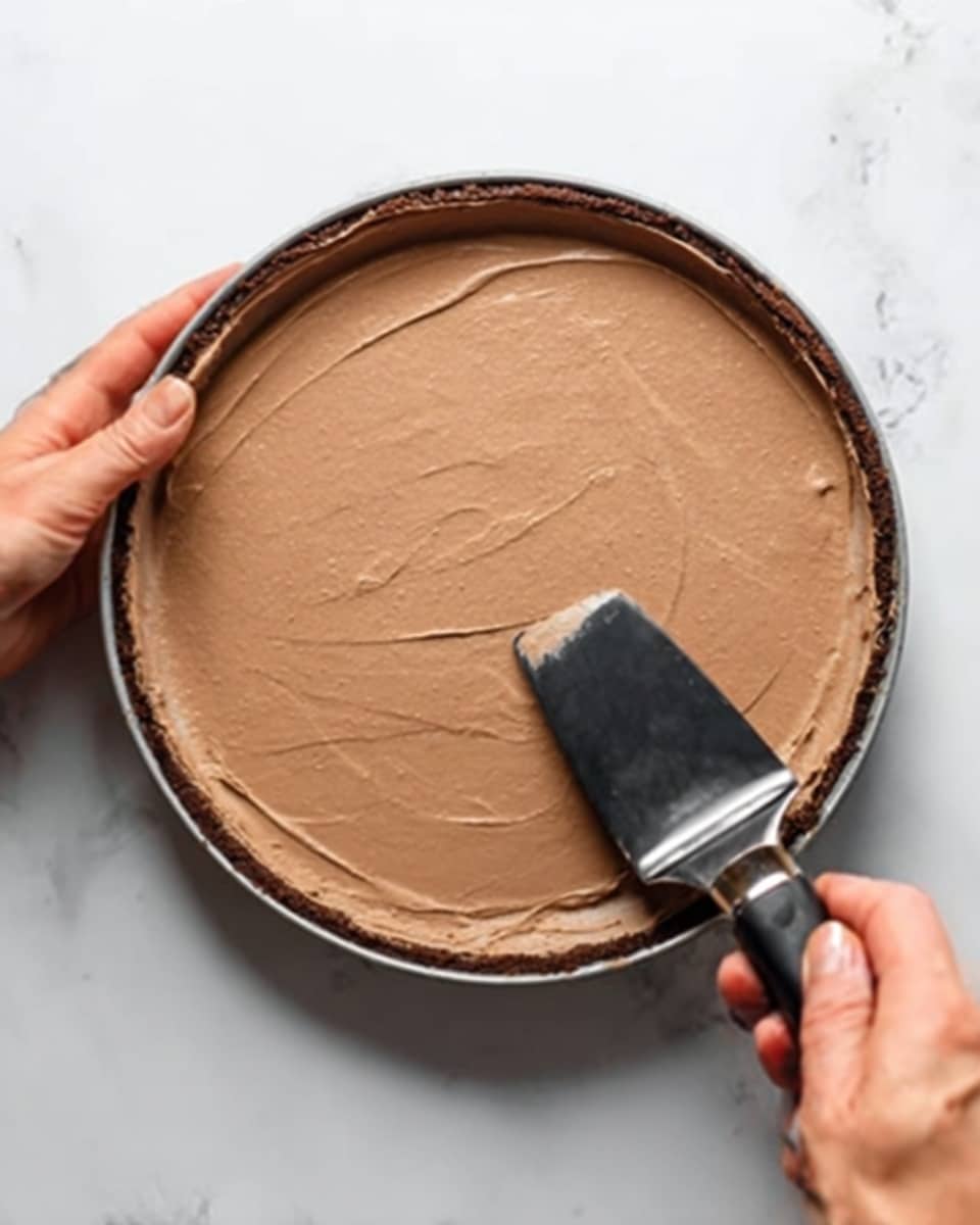 This image shows a slice of chocolate cake on a white decorative plate with a silver fork on the side. The cake has three layers: a dark crumbly base, a thick smooth milk chocolate middle layer, and a glossy dark chocolate top layer with drizzle. On top of the cake slice, there are two swirls of rich chocolate cream topped with round chocolate-covered hazelnut candies. Crushed pieces of the candy are scattered over the top and around the plate, with one candy cut in half to reveal the nut inside. The background is a white marbled surface with another cake in the background. Photo taken with an iphone --ar 4:5 --v 7