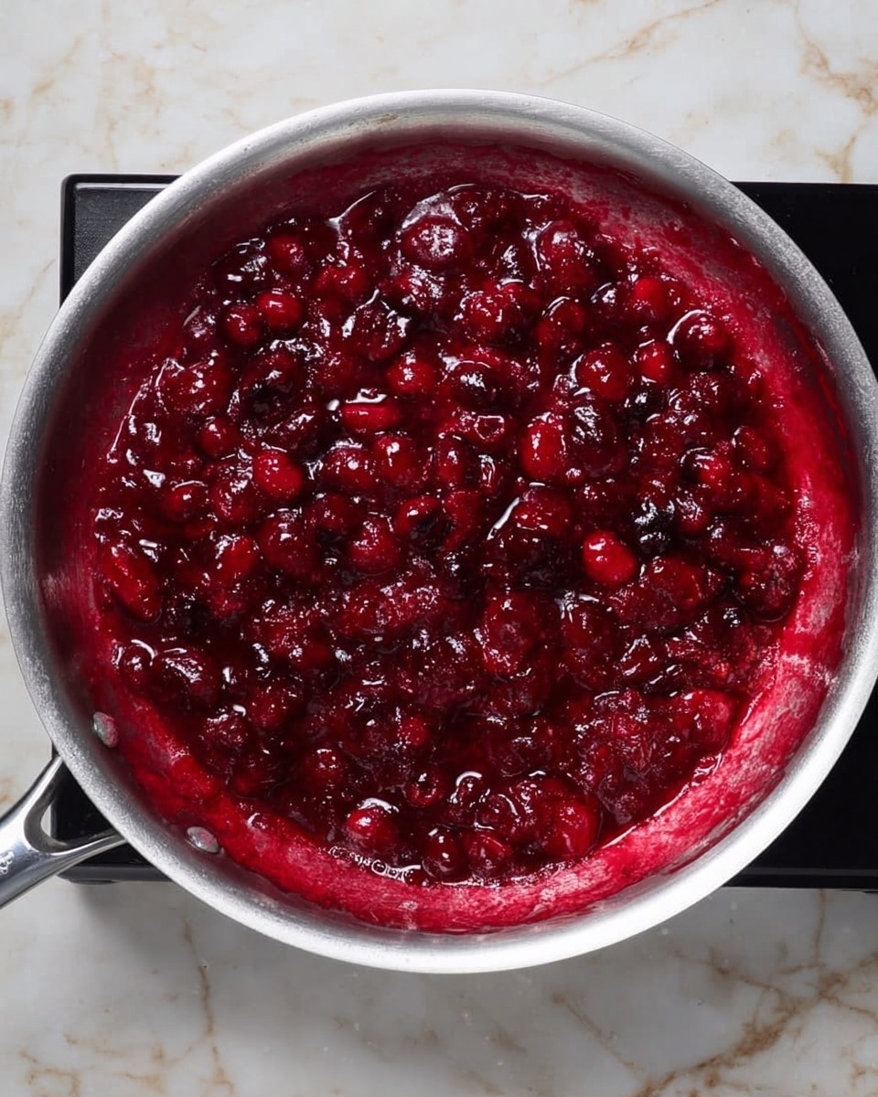 A round dessert in a springform pan lined with foil sits on a white marbled texture surface. The bottom layer is a light tan crumb crust, topped evenly with a thick, dark red berry jam layer that has visible whole and crushed berries. A smooth, thick, pale cream batter is being poured over the jam layer from a glass bowl, covering it in the center and slowly spreading out. The foil around the pan is crinkled and shiny. Photo taken with an iphone --ar 4:5 --v 7