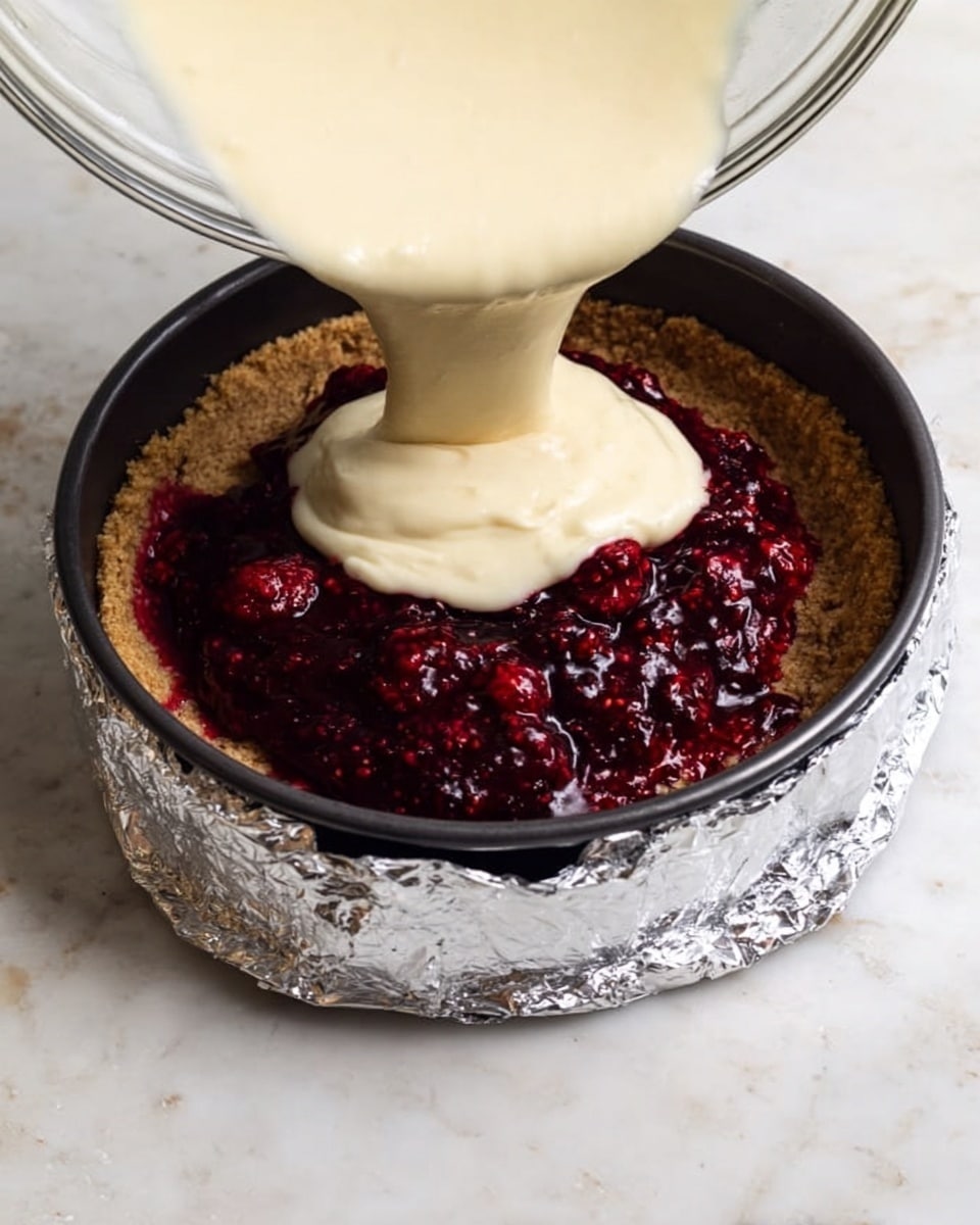 This is a two-layer round cake with a light brown crumb base and a thick creamy white middle layer. The top is covered with a thick layer of smooth white cream with swirled dollops of whipped cream forming a ring around the edges. The center is filled with a pile of small red and dark red sugared cranberries, creating a bright contrast against the white cream. The cake sits on a white lacy cake stand with a white marbled background. Photo taken with an iphone --ar 4:5 --v 7