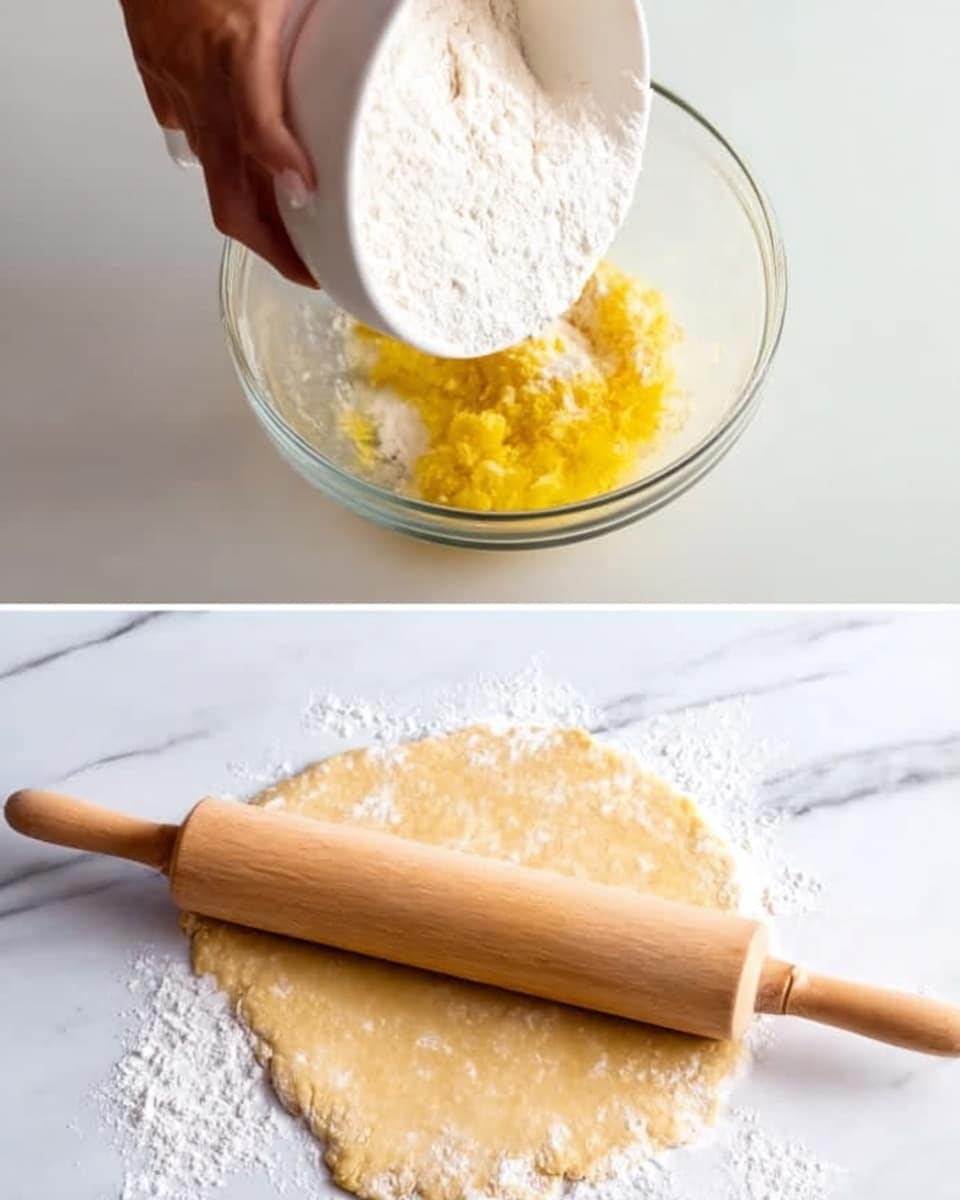 The image shows two parts: the top part features a woman's hand pouring white flour from a white bowl into a clear glass bowl that contains a yellow mixture, likely butter and sugar. The bowls sit on a white marbled surface. The bottom part shows a light tan dough being rolled flat with a wooden rolling pin on the same white marbled surface. Photo taken with an iphone --ar 4:5 --v 7