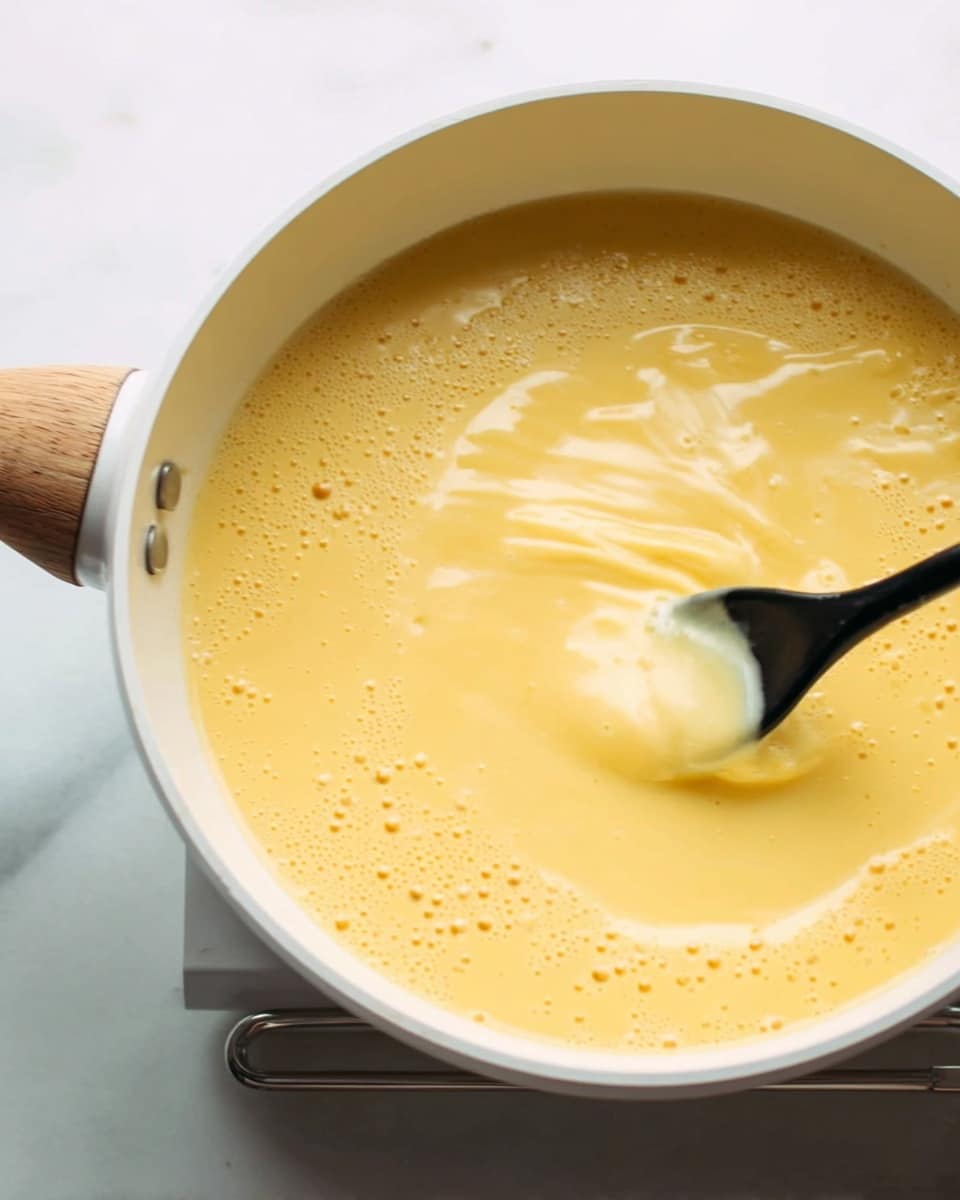 The image shows a close-up of a creamy yellow liquid with small bubbles on the surface, being stirred by a black spoon inside a white pan with light brown wooden handles. The texture looks smooth with some thicker parts stirred by the spoon. The pan is placed on a white marbled surface. The motion of stirring creates soft folds and movement in the liquid. Photo taken with an iphone --ar 4:5 --v 7