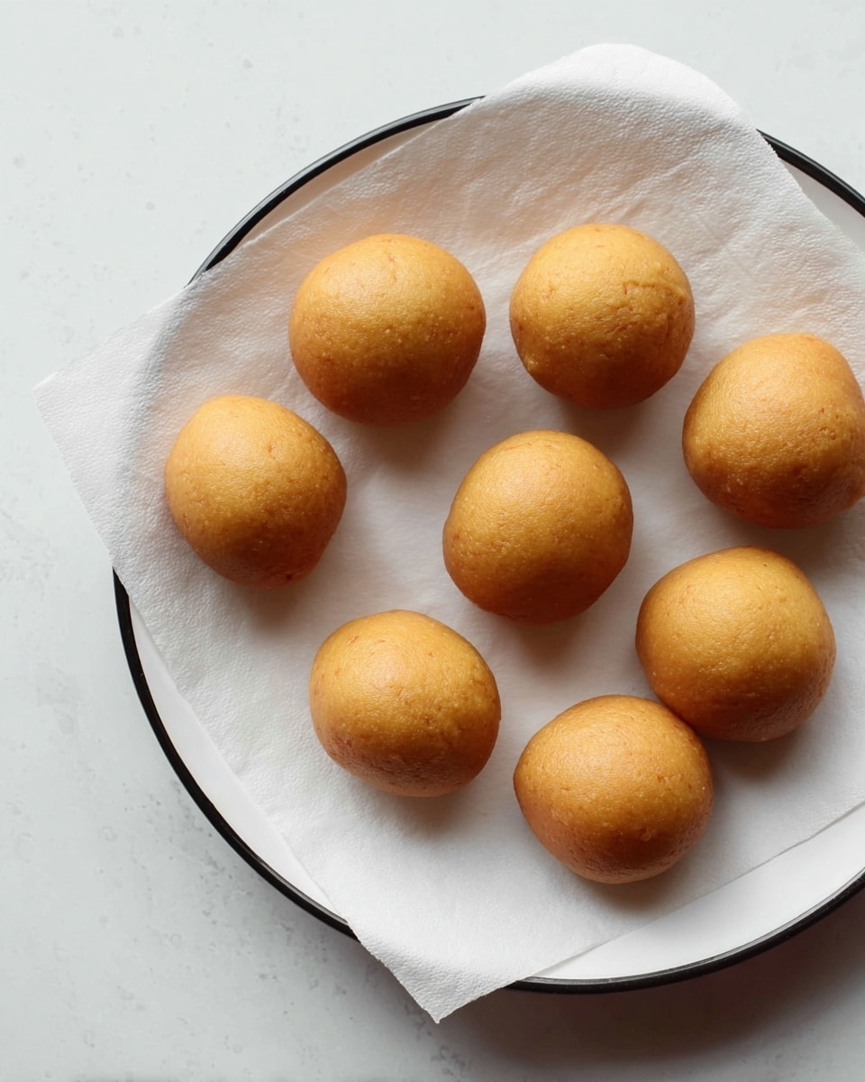 The image shows a white plate with a black rim, holding a sheet of white parchment paper on top. On the parchment are nine round, golden-brown dough balls arranged loosely with some space between them. The dough balls have a smooth, slightly shiny surface and a uniform size. The background is a white marbled texture. photo taken with an iphone --ar 4:5 --v 7