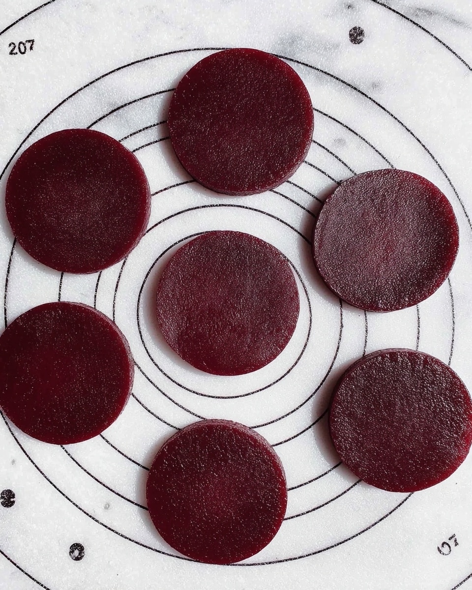 Nine dark red, smooth, round discs lie flat on a white marbled textured surface with black concentric circles and measurements printed on it. Each disc has an even thickness and a slightly glossy finish, spaced evenly in a grid-like pattern. The surface texture of the discs looks soft but firm, showing slight natural dimples and creases. photo taken with an iphone --ar 4:5 --v 7
