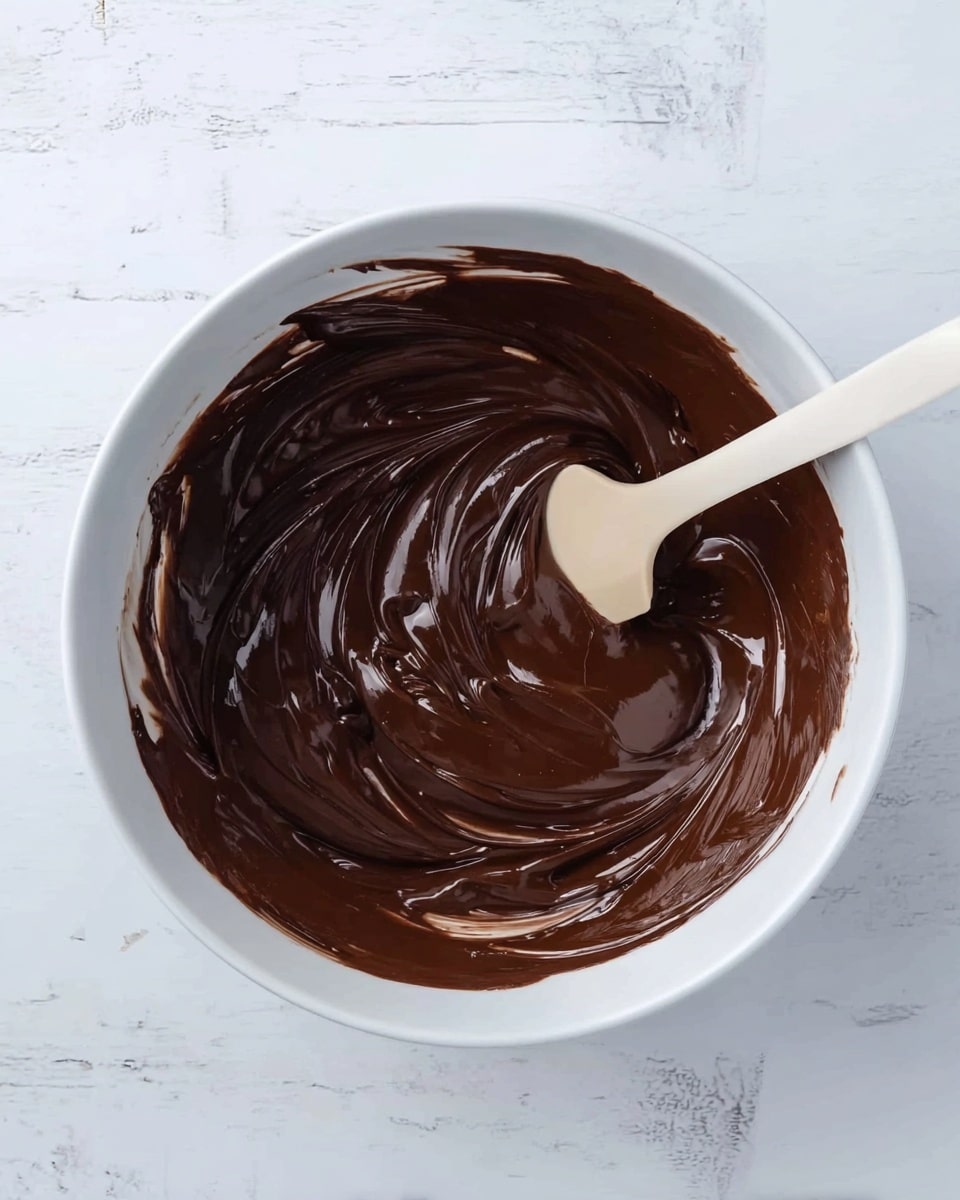 In this image, there is a white bowl filled with thick, dark brown chocolate mixture that has a smooth and shiny texture. Swirls and folds in the chocolate show it has been stirred, with the sides of the bowl gently coated with the chocolate. A white spatula is placed inside the bowl, partly covered in the chocolate, adding a soft curve to the scene. The bowl sits on a white marbled surface that enhances the rich color of the chocolate. photo taken with an iphone --ar 4:5 --v 7