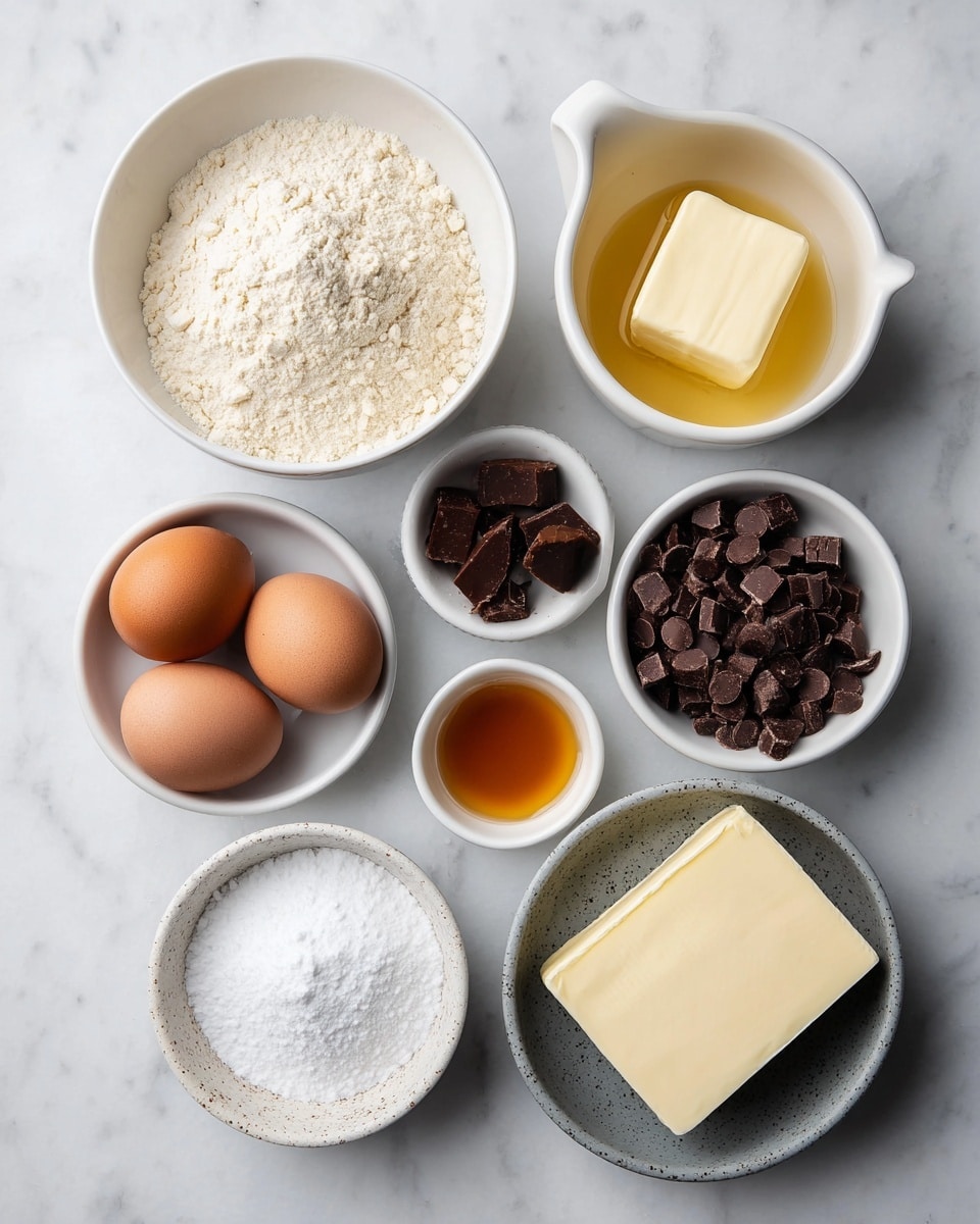 The image shows several white bowls and dishes arranged on a white marbled surface, each holding different baking ingredients. On the top left is a large white bowl filled with light beige flour. To the right, a white bowl with spouts contains a golden syrup topped with a pale yellow block of butter. Below these, a small white bowl holds dark brown chunks in a liquid. Next to it, a white bowl is filled with white granulated sugar. Below, two brown eggs rest directly on the marbled surface. To the right of the sugar, a white bowl is filled with dark brown chocolate chips. Below the eggs, a smaller white bowl contains a light amber liquid. At the bottom right, a gray bowl contains a large slab of pale cream cheese. At the bottom left corner, a speckled white bowl is filled with white powdered sugar. Photo taken with an iphone --ar 4:5 --v 7