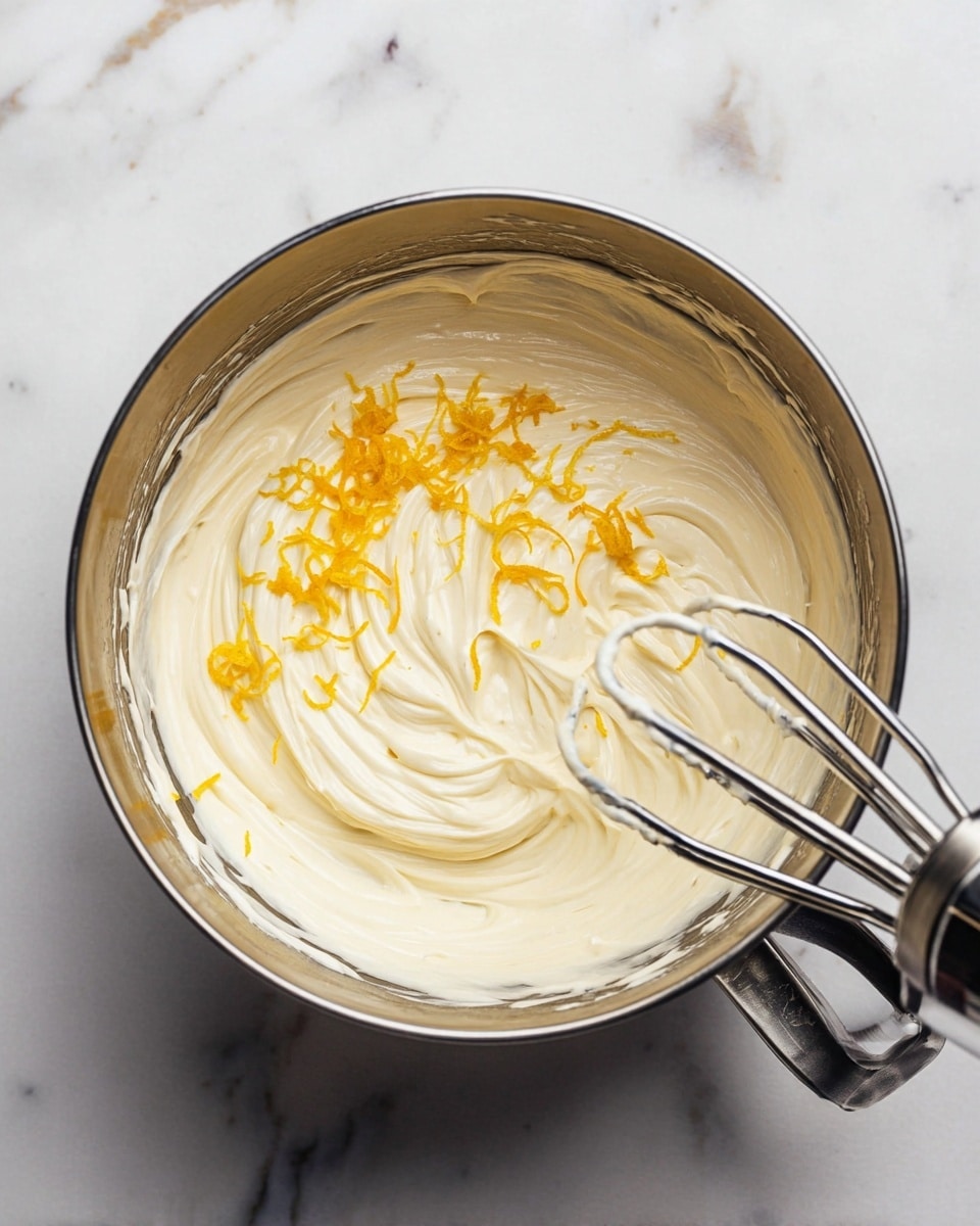 A large round metal bowl with creamy white batter inside, swirled smoothly with soft peaks. On top of the batter are thin strands of bright yellow lemon zest scattered gently. Two metal beaters from a hand mixer are partially dipped into the batter on the right side. The bowl is placed on a white marbled surface. photo taken with an iphone --ar 4:5 --v 7