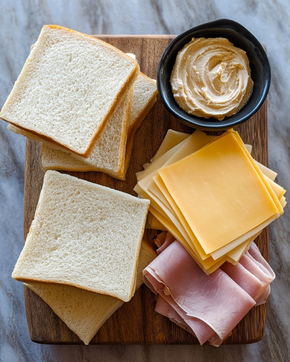 The image shows a wooden board with four square slices of white bread placed at each corner. On the right side of the board, there is a round white plate filled with layers of thin yellow cheese slices stacked in the center and light pink folded slices of ham arranged to the right side of the cheese. On the left side of the board is a small black bowl containing a smooth creamy spread. The background is a white marbled surface, photo taken with an iphone --ar 4:5 --v 7