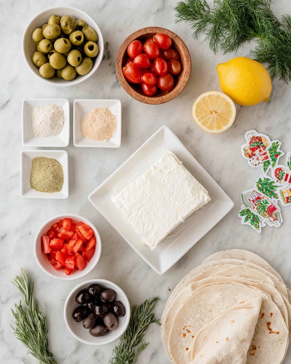 The image shows several ingredients arranged on a white marbled surface, including two white cream cheese blocks on a white square plate near the center. Above the cream cheese are two small white bowls, one filled with sliced green olives with pimentos and the other with small red grape tomatoes in a wooden bowl. To the left of the cream cheese are two small white square dishes containing light brown and beige powders, and below these is a small white bowl with diced red bell pepper. Below the pepper bowl is another small white bowl filled with sliced black olives. At the bottom right are folded white and green tortillas stacked together. Fresh green dill is placed near the top left, and a halved lemon with a whole lemon are near the top right, along with sprigs of fresh rosemary. Small festive paper toppers with Christmas designs lie to the right side. Photo taken with an iphone --ar 4:5 --v 7