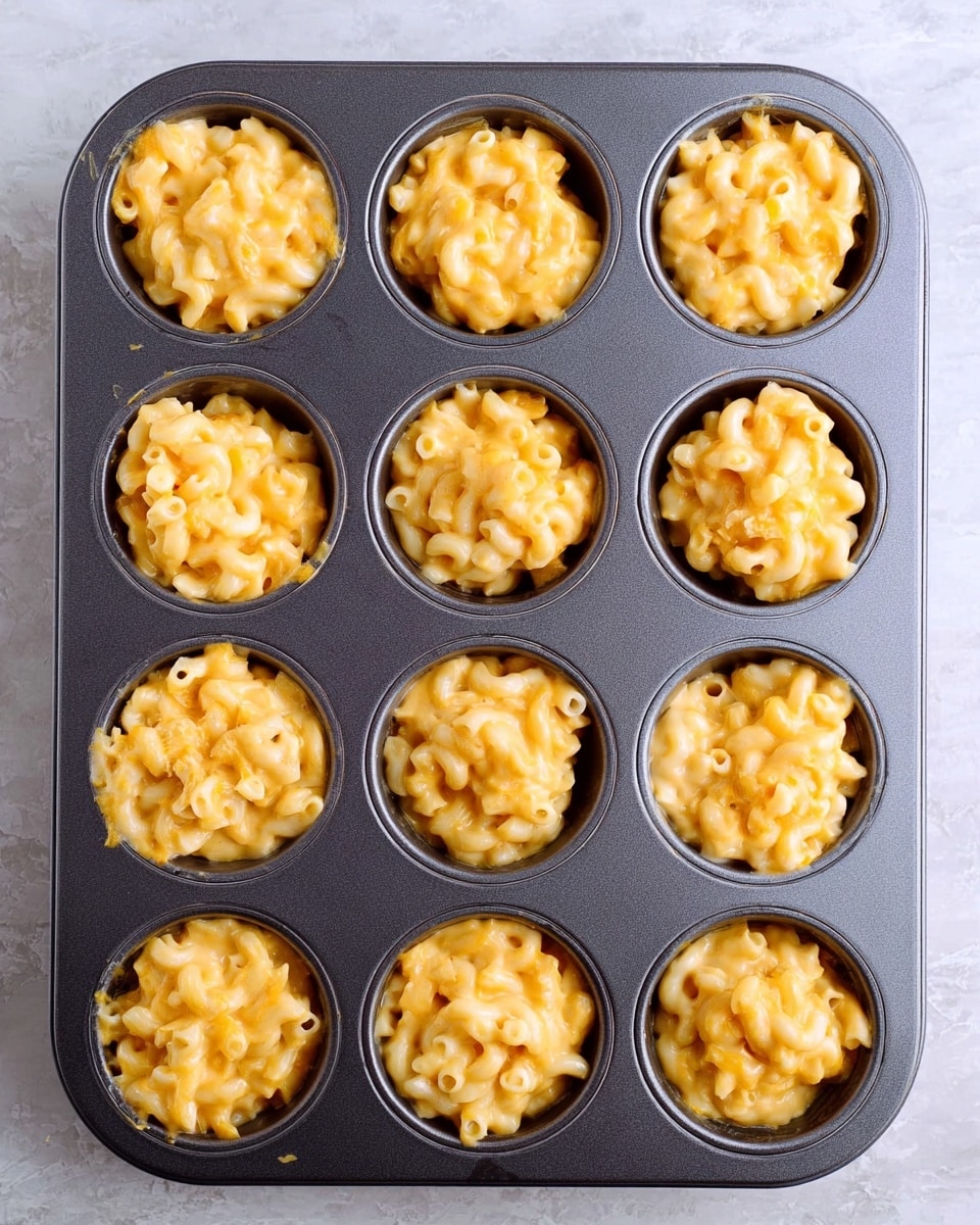A dark gray metal muffin pan with 12 cups filled with creamy macaroni and cheese mixture, each cup fully packed and showing a smooth, yellow-orange cheesy texture with bits of macaroni visible. The pan is set on a white marbled surface, with no other objects in the scene. The macaroni and cheese has a slightly shiny surface with soft curves and an even, thick consistency, filling each muffin cup to its edge. Photo taken with an iphone --ar 4:5 --v 7