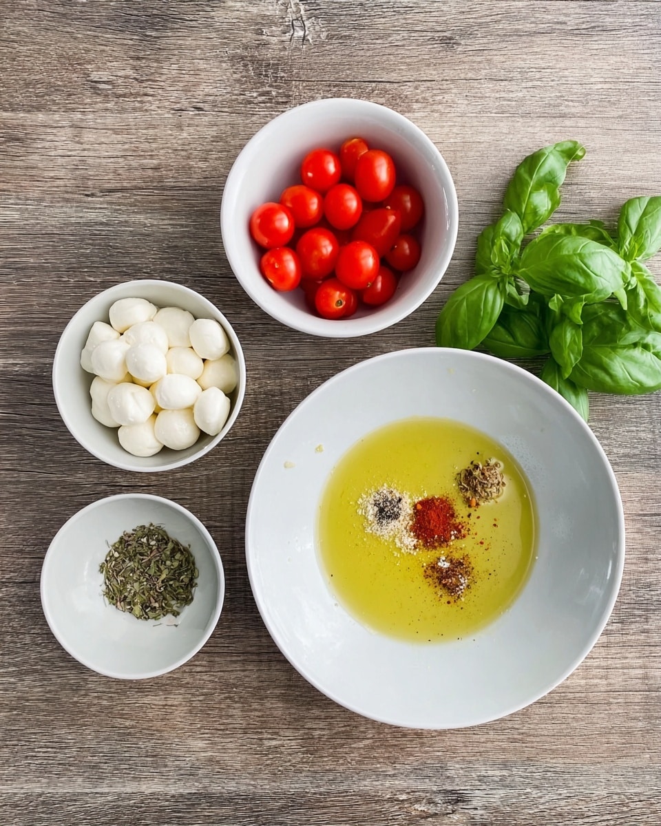 The image shows four white bowls placed on a wooden surface. The top left bowl contains bright red cherry tomatoes, the bottom left bowl is filled with fresh green basil leaves, the middle left bowl is filled with small white mozzarella balls, and the large white plate on the right holds a mix of light green olive oil with scattered black pepper, brownish red paprika, and coarse salt. The bowls and plate are neatly arranged to create a balanced composition. photo taken with an iphone --ar 4:5 --v 7