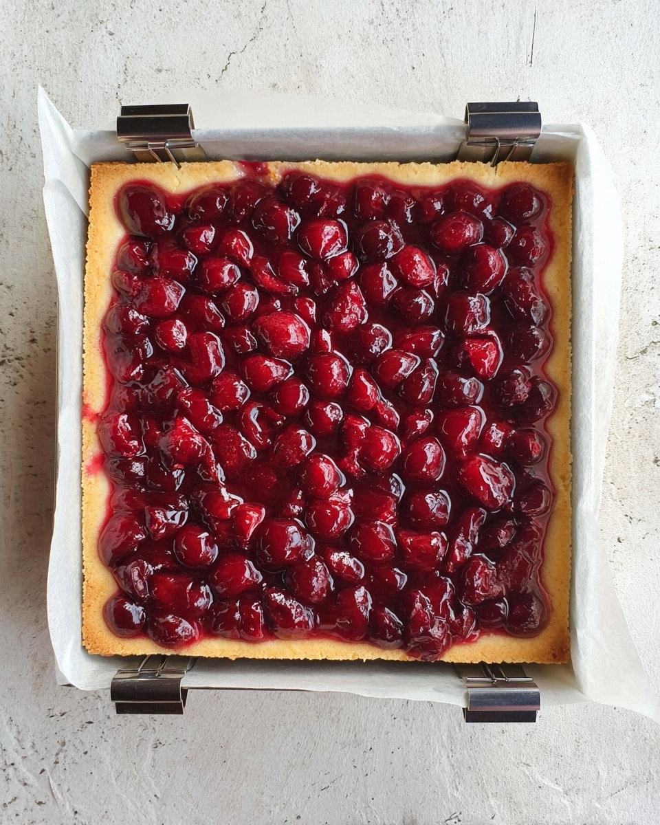 A square dessert with two visible layers sits centered. The bottom layer is a light golden crust with a smooth texture, forming a firm base. The top layer is a thick, glossy red cherry topping, filled with whole and halved cherries covered in a shiny red glaze. The dessert is held in a white parchment-lined square frame, secured with four black clips on each side. The background is a white marbled texture. photo taken with an iphone --ar 4:5 --v 7