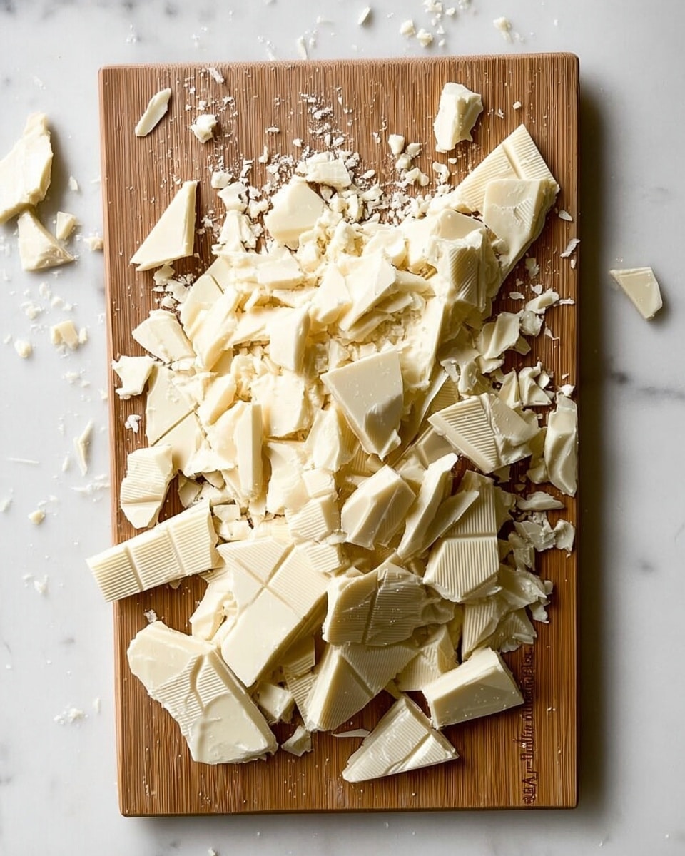 The image shows many broken pieces of white chocolate scattered over a rectangular wooden cutting board placed on a white marbled surface. The chocolate shards vary in size and thickness, with some pieces still showing faint grid patterns from the original bar. The texture of the chocolate looks smooth with some rough edges from breaking. Small crumbs are scattered around the larger chunks on the board and surface, giving a messy but natural appearance. Photo taken with an iphone --ar 4:5 --v 7