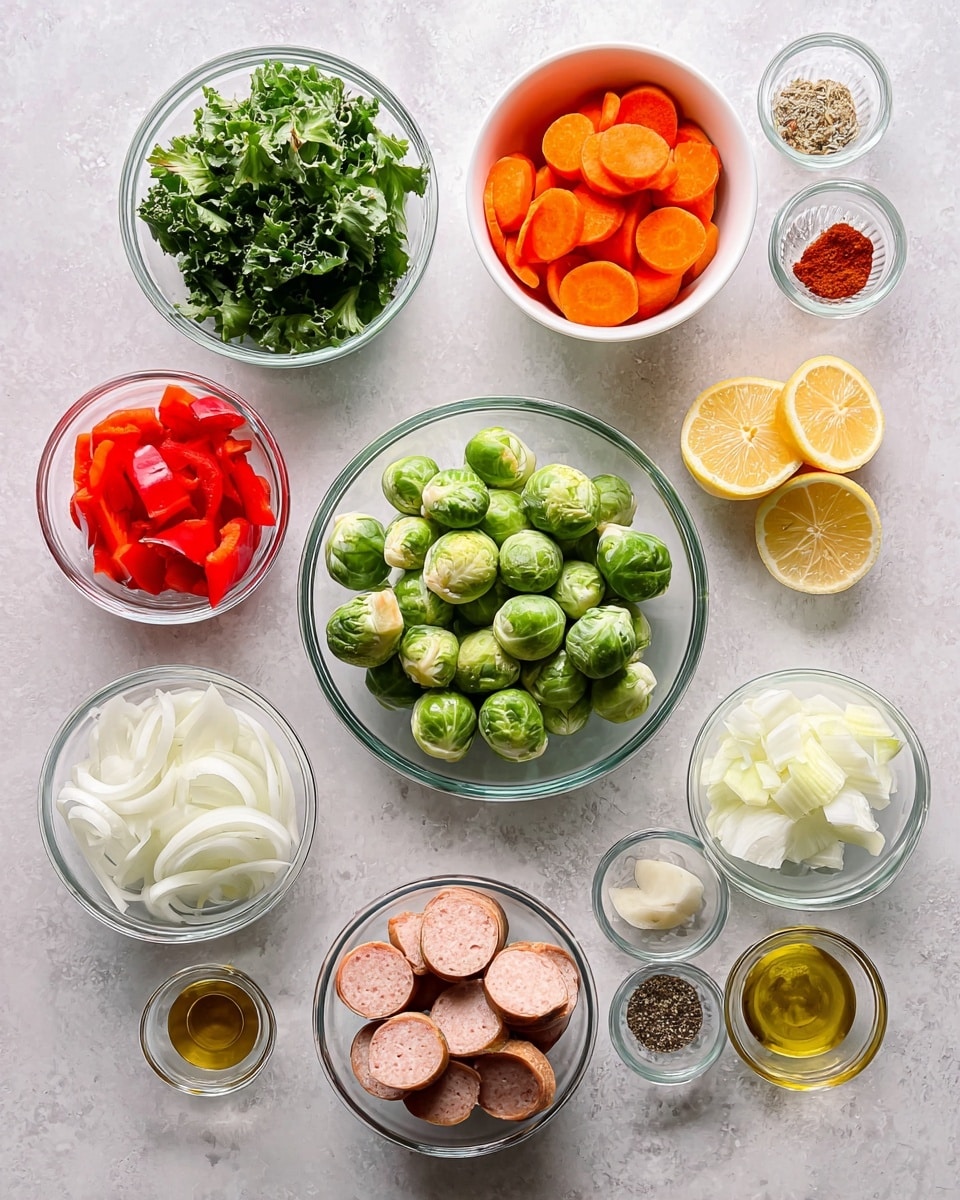 A bowl filled with a mix of cooked vegetables and sliced sausage pieces, all sitting on a white marbled surface. The bowl is white with a light speckled pattern. Inside, there are three main layers: the base layer is made of light brown sausage slices with a soft texture, the middle layer has bright green Brussels sprouts cut in halves with a slight shine, and the top layer contains chopped orange carrots, red bell peppers, and small white onion pieces, all mixed evenly. The colors are vibrant, showing orange, red, green, and light brown tones throughout the bowl. photo taken with an iphone --ar 4:5 --v 7