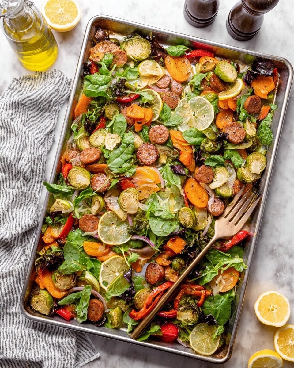 The image shows a large metal baking sheet filled with a colorful roasted vegetable and sausage mix. The bottom layer has browned slices of sausage and roasted Brussels sprouts, along with soft chunks of orange carrots and red bell peppers, all with a slightly charred texture. On top, there is a fresh layer of mixed green leafy salad including spinach and lettuce, brightening the dish with green shades. Thin lemon slices are placed on top, adding a fresh yellow contrast. A light gold fork rests on the baking sheet's right side. The baking sheet is on a white marbled surface with a bottle of olive oil at the top left and salt and pepper grinders at the top right, plus lemon halves and a striped cloth at the bottom left. Photo taken with an iphone --ar 4:5 --v 7