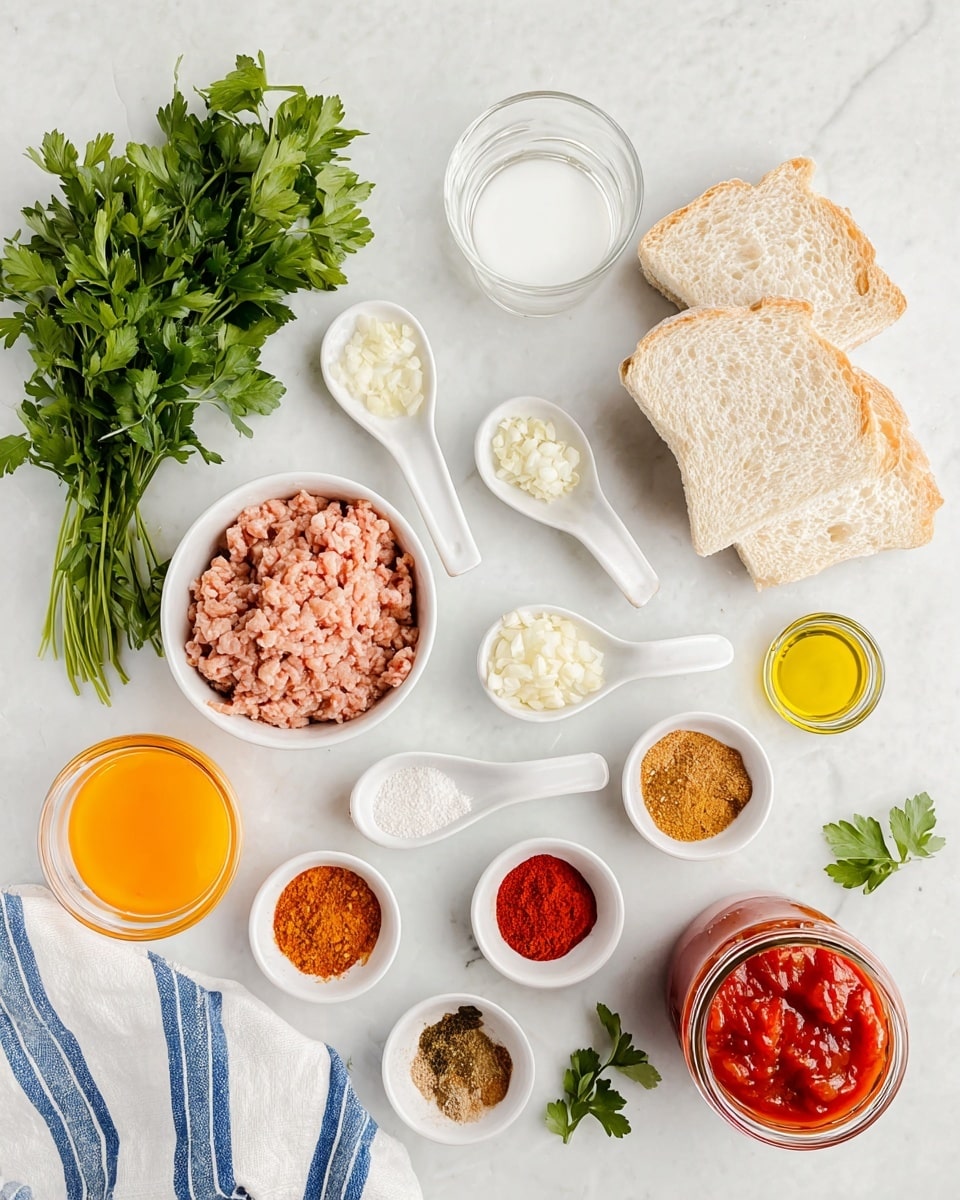The image shows a white pan filled with smooth, thick orange-brown sauce covering 18 round meatballs evenly spaced and topped with small green cilantro leaves. A silver spoon rests inside the pan on the right, partially submerged in the sauce. Around the pan, there is a white bowl of fluffy white rice in the top left, a white plate with pieces of light golden bread in the bottom left, and a bowl of bright green cilantro on the top right, all placed on a white marbled surface. A dark blue cloth is draped under the pan on the right side. photo taken with an iphone --ar 4:5 --v 7