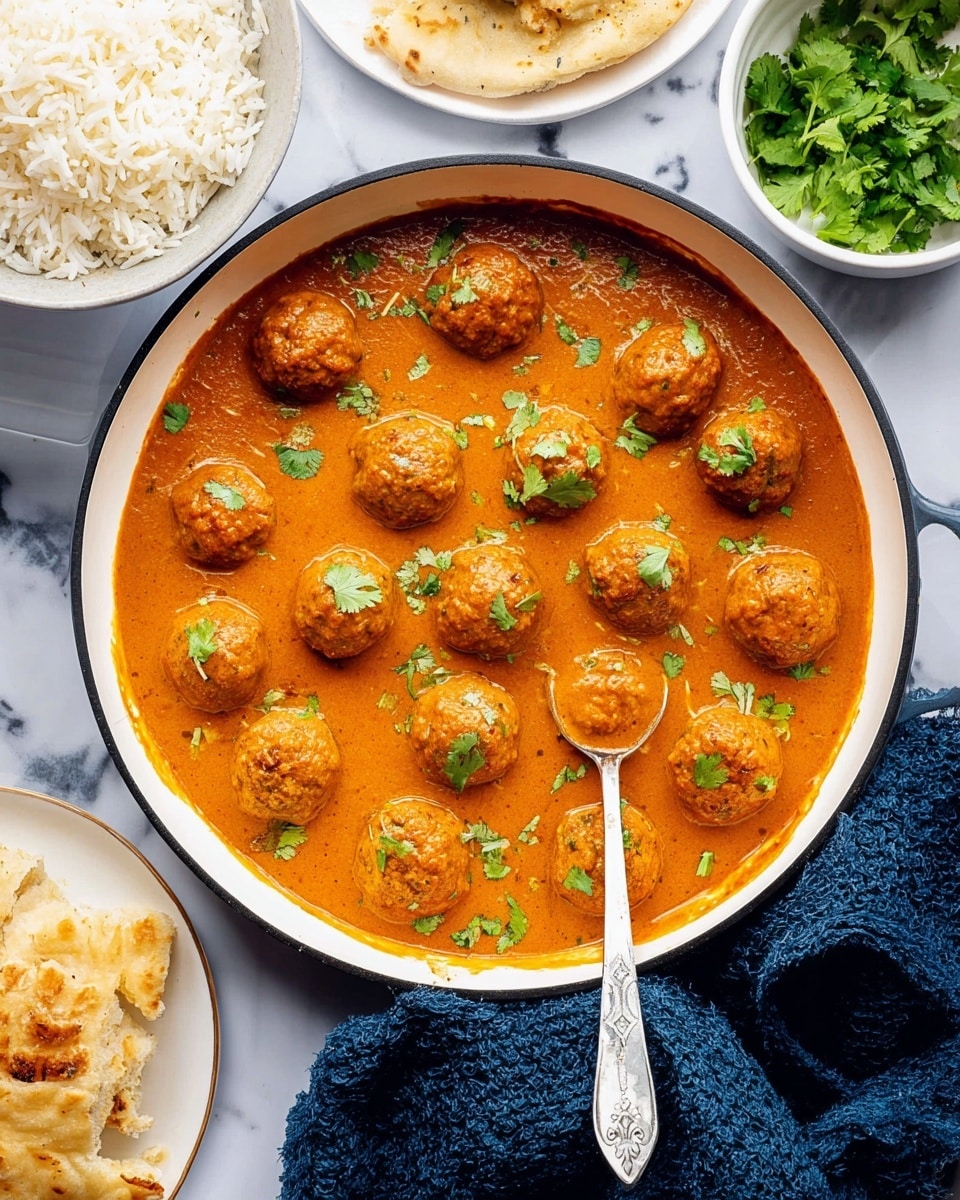 A white bowl filled halfway with white cooked rice, topped with a dollop of white yogurt in the center. On one side of the bowl, six round meatballs in a red sauce are arranged closely together, each sprinkled with green chopped cilantro. To the left of the bowl, there is a small white bowl filled with white yogurt and a black spoon resting in it. The background is a white marbled texture. Photo taken with an iphone --ar 4:5 --v 7