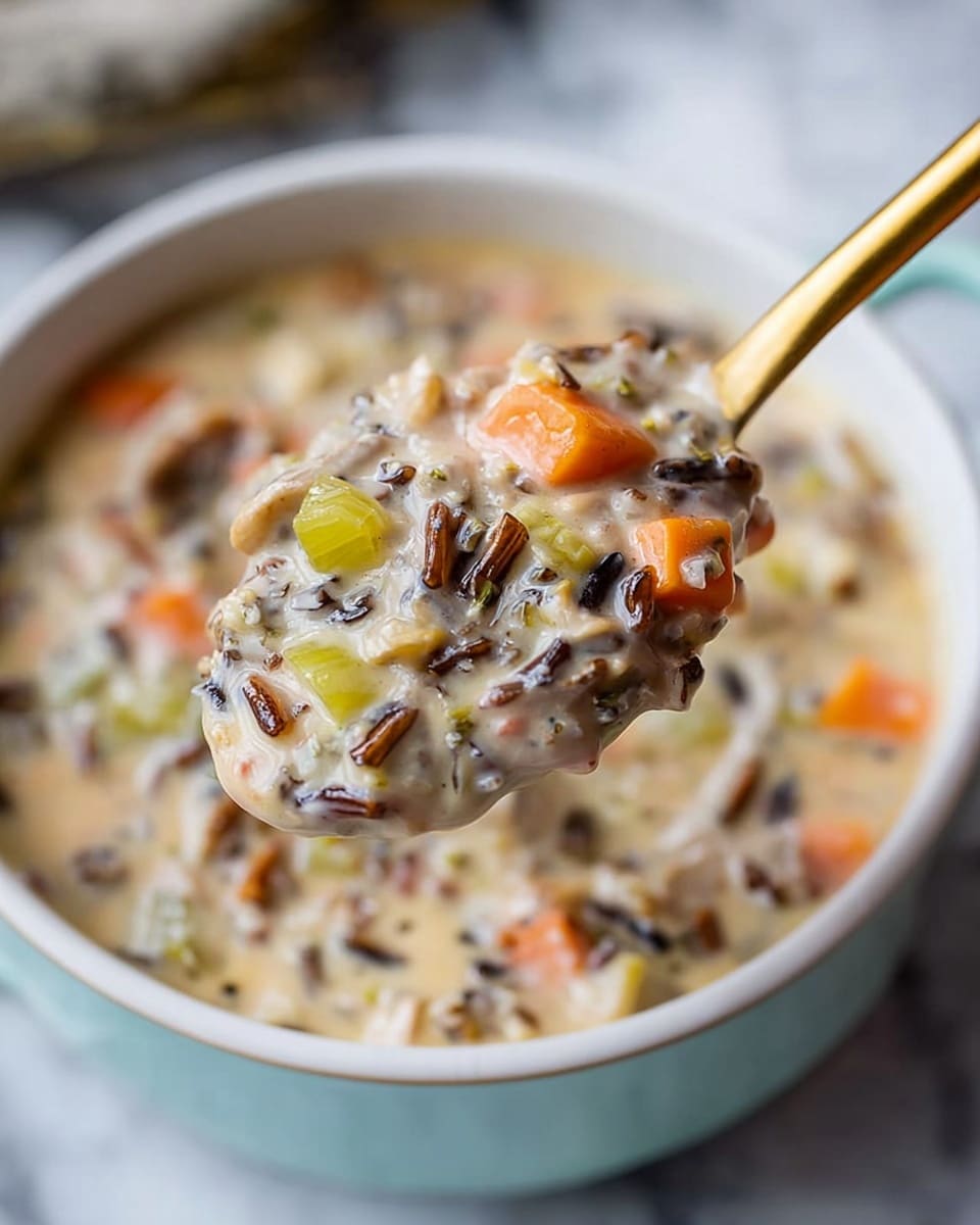 A light green bowl filled with thick creamy soup containing visible small pieces of black rice, orange chunks, and other diced vegetables. A silver spoon rests in the bowl, partially covered by the soup. The bowl sits on a white marbled surface with some torn pieces of light brown bread placed nearby. A woman's hand is holding the spoon handle gently. Photo taken with an iphone --ar 4:5 --v 7