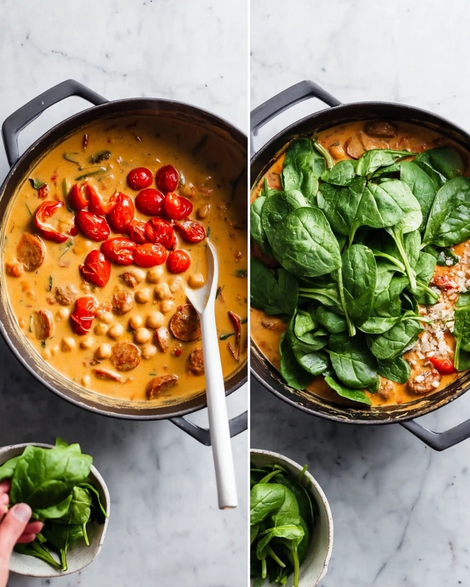 The image shows a close-up of a black pan filled with a creamy orange curry mixed with light beige chickpeas, bright green spinach leaves, and red cherry tomato halves. The curry has a thick, smooth texture and coats all the ingredients evenly. A white spoon with curry stains is resting on the right side of the pan. The pan is placed on a white marbled surface. photo taken with an iphone --ar 4:5 --v 7