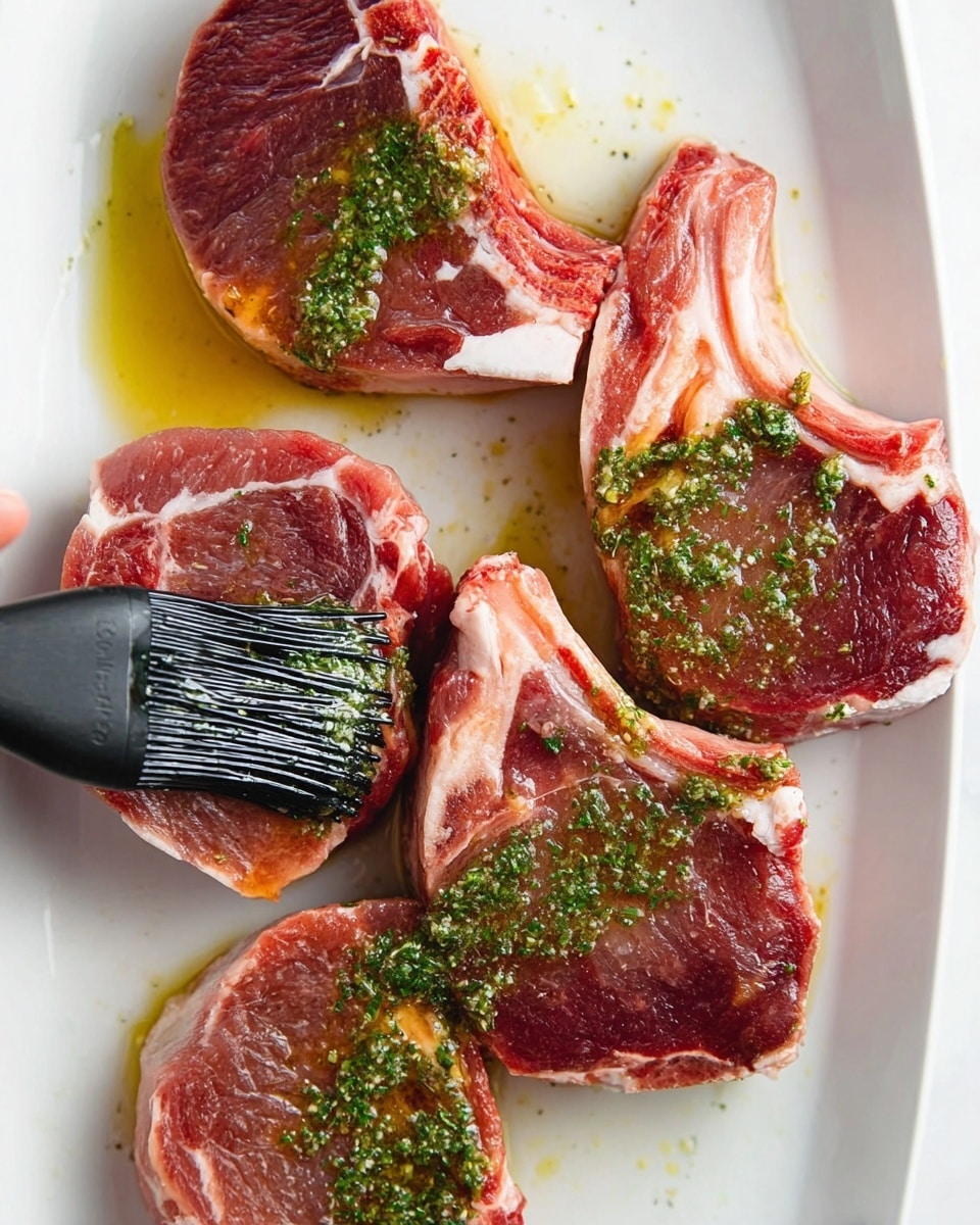 A white plate holds two lamb chops, one whole and one cut into four pieces showing a pink, juicy inside with a seared brown outside sprinkled with green herbs. To the left of the lamb chops is a thick, vibrant green sauce spread on the plate. A silver fork rests on the bottom left edge of the plate. The setting has a white marbled surface, with a small white bowl filled with more green sauce partially visible at the top and a small wooden bowl with salt on the top right. Photo taken with an iphone --ar 4:5 --v 7