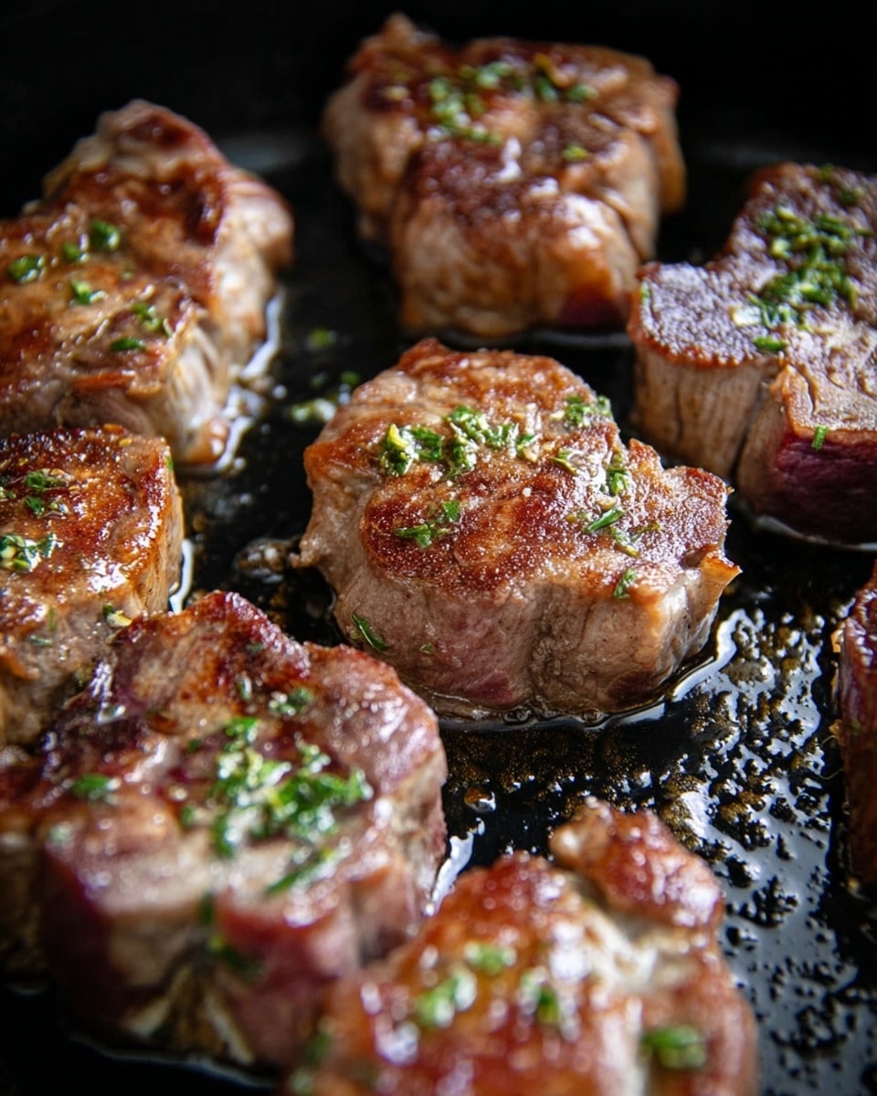 The image shows several cooked pieces of meat with brown, crispy edges and some white and pinkish areas in the center, indicating they are cooked but still juicy. The meat pieces have small green herb bits sprinkled on them and are placed close together on a black pan with shiny oil spots reflecting light. The texture of the meat looks tender and slightly seared with clear grill marks and natural fat around the edges. photo taken with an iphone --ar 4:5 --v 7