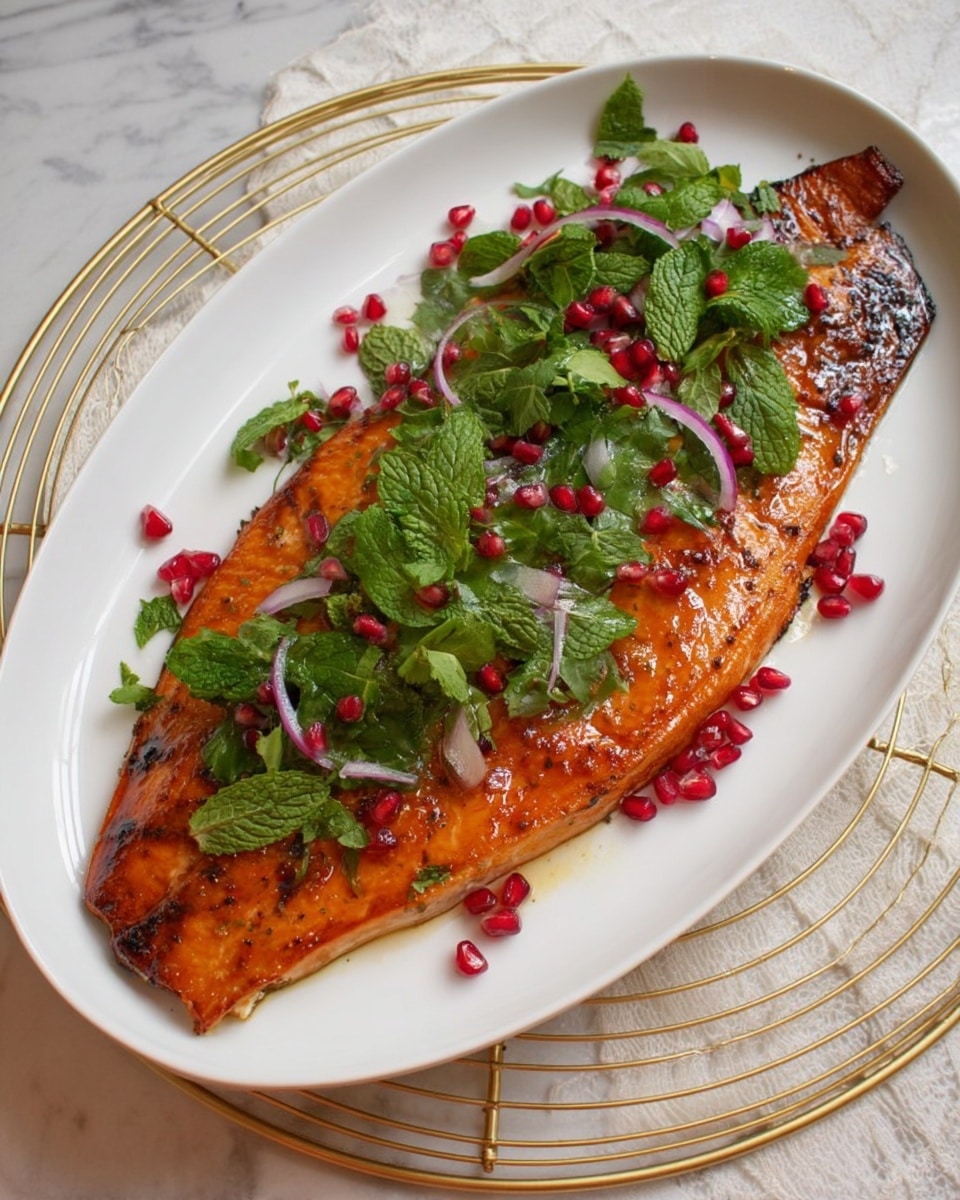 A large, glossy cooked salmon fillet with a rich orange-brown color lies on the right side of a white oval plate, showing some light char marks. Over the salmon and along its left side, there is a fresh layer of green herbs including cilantro and mint, mixed with thin pale purple onion rings and bright red pomegranate seeds scattered on top and around. The plate sits on a white marbled textured surface, with a gold wire circular stand beneath it. Photo taken with an iphone --ar 4:5 --v 7