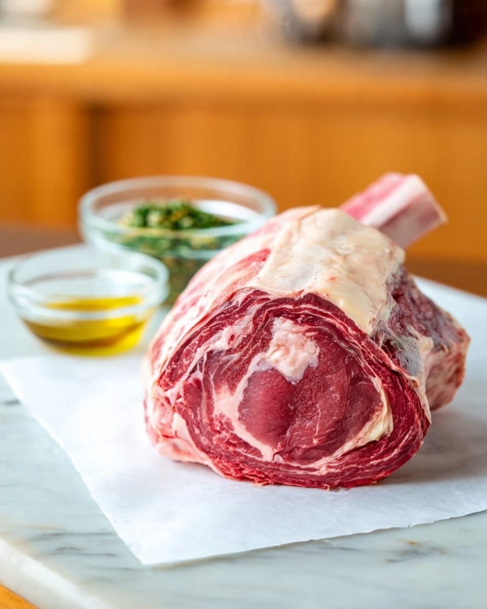 The image shows a large piece of roast beef standing on a white plate. The roast has a dark, crispy herb crust on the outside, with a bone sticking up from the top. The inside of the roast is pink and juicy, showing two thick slices lying flat in front of the main piece. Around the plate, there are small green herb sprigs placed decoratively. In the background, a bowl filled with green Brussels sprouts is slightly out of focus on a white marbled surface. The overall scene is bright and clear, highlighting the meat’s textures and colors. photo taken with an iphone --ar 4:5 --v 7