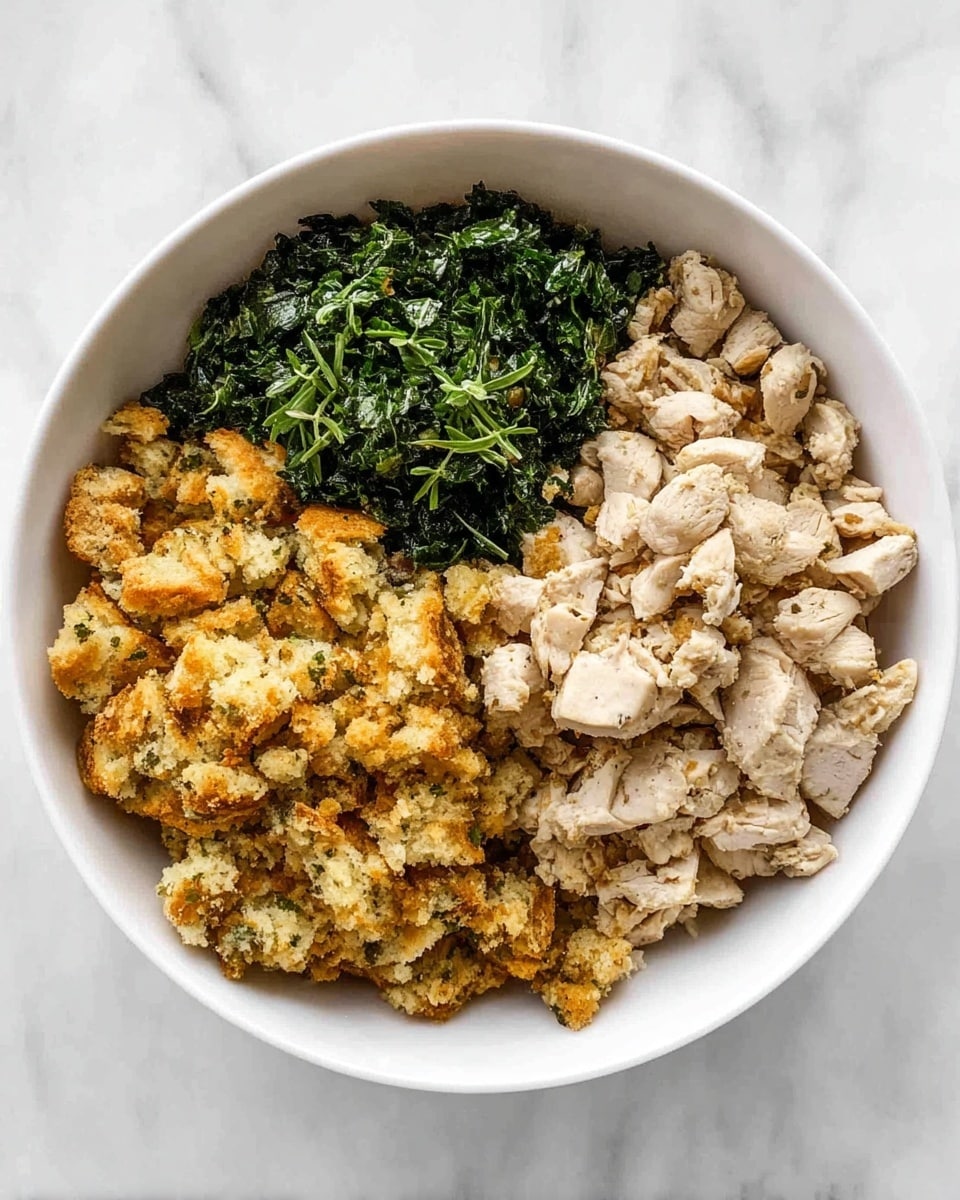 A white bowl contains three different ingredients arranged side by side, each taking about one-third of the bowl. On the top right is a layer of diced light beige cooked chicken with a soft texture. On the bottom right is a crumbly layer of golden brown bread stuffing with visible small herbs. On the left side is a portion of dark green cooked leafy vegetables that look slightly wilted. The bowl sits on a white marbled surface. photo taken with an iphone --ar 4:5 --v 7