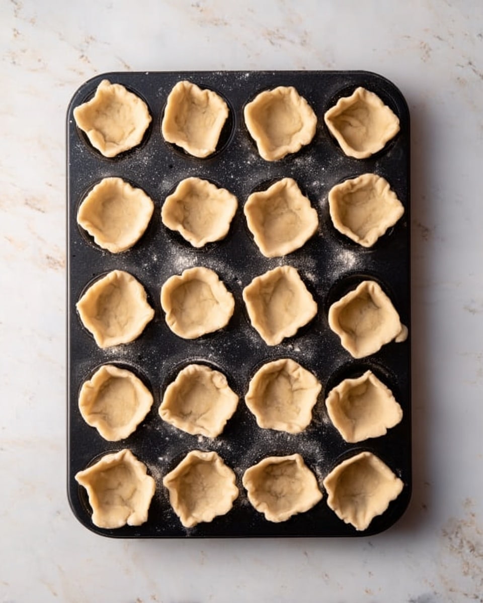 A black baking tray holds 24 small dough cups placed in a 4 by 6 grid. Each dough cup is light beige, unevenly shaped with rough edges, and pressed down in the tray’s individual round molds. The tray rests on a white marbled surface, with soft natural light showing slight flour dust around the edges of some dough cups. Photo taken with an iphone --ar 4:5 --v 7