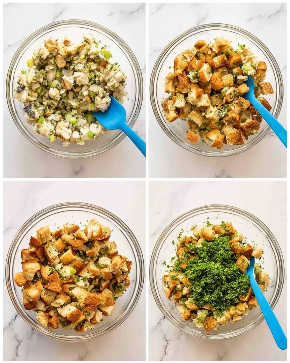 The image shows a clear glass bowl on a white marbled surface containing a mixture of food in five stages. The first stage has layers of small white and golden brown bread cubes on the bottom with chopped green vegetables on top. The second and third stages show a close-up of the bowl with the bread cubes stirred and mixed using a blue spoon. The fourth stage adds a bright green bunch of chopped parsley on top of the mixed bread cubes. The fifth stage shows the mixture fully blended with the parsley evenly spread throughout. Photo taken with an iphone --ar 4:5 --v 7