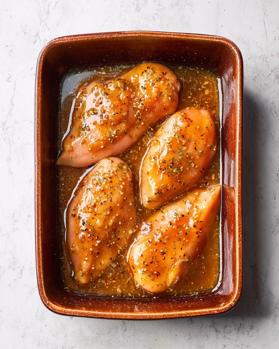 A rectangular baking dish with a shiny brown glaze holds four raw chicken breasts arranged in two rows of two. Each chicken breast is covered in a glossy orange-brown marinade with visible specks of black pepper and herbs, sitting in a shallow layer of the same sauce. The baking dish is placed on a white marbled surface, viewed from above, and the chicken pieces look moist and well-coated with the marinade. photo taken with an iphone --ar 4:5 --v 7