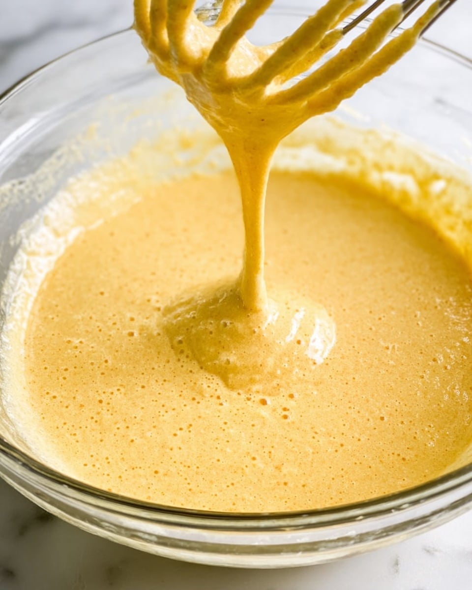 The image shows a clear glass bowl filled with a thick, smooth yellow batter that has a slightly grainy texture. A whisk is lifted above the bowl, dripping some of the batter back into it, creating a soft mound in the center. The bowl sits on a white marbled surface that softly reflects light, giving a clean and bright feel to the scene. The batter has a warm golden color with tiny air bubbles scattered throughout, emphasizing its light and airy consistency. photo taken with an iphone --ar 4:5 --v 7