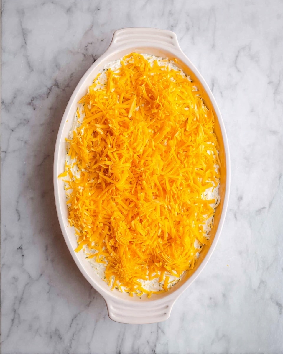 An oval white ceramic dish on a white marbled surface holds a layered casserole. The bottom layer is creamy white with a slightly textured surface, topped by a generous layer of shredded bright yellow-orange cheese evenly spread across the top. The edges of the casserole show some soft blending of the creamy and cheesy layers, creating a smooth transition. Photo taken with an iphone --ar 4:5 --v 7