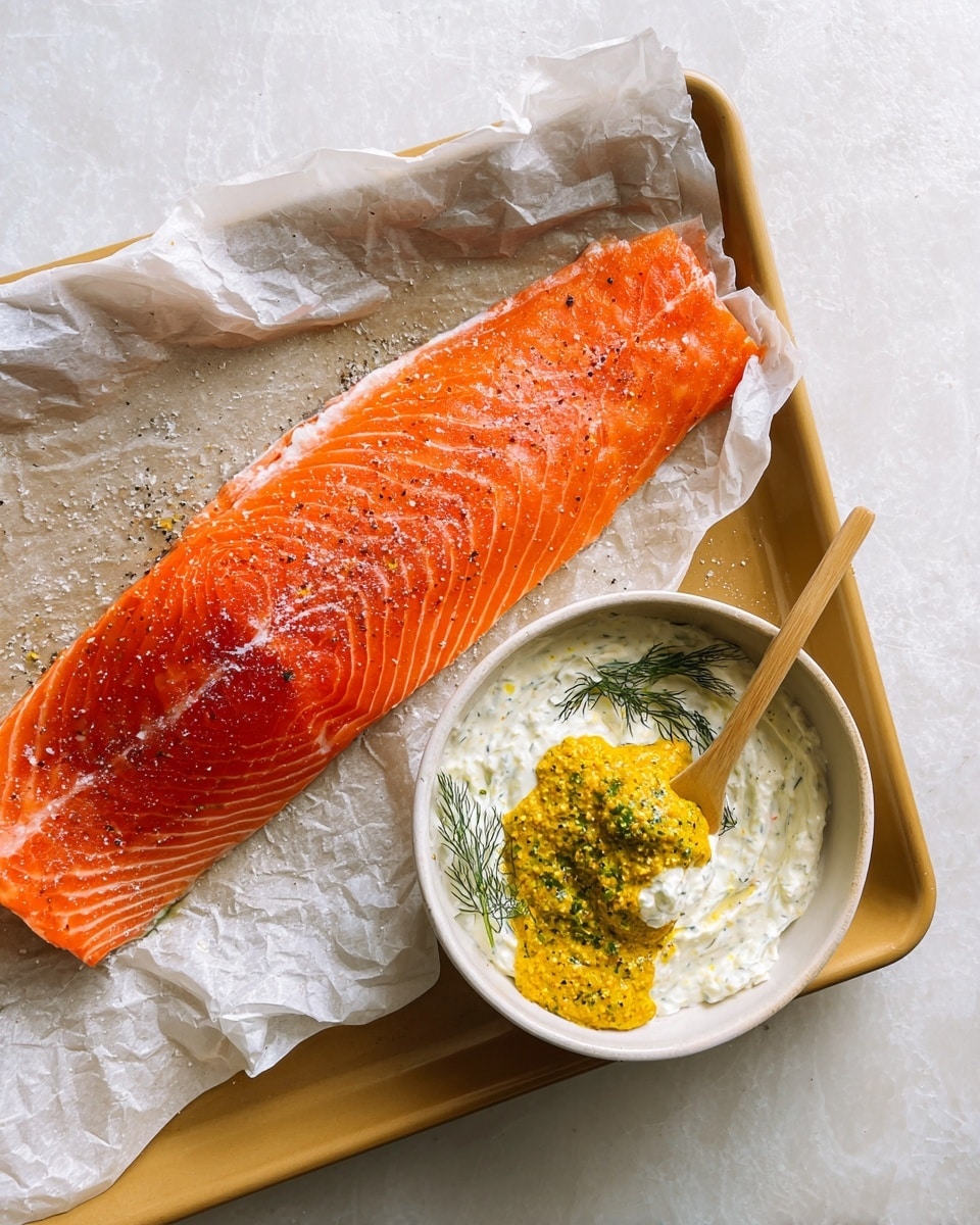 A large piece of bright orange salmon fillet with visible fine white lines and a light sprinkling of coarse salt and black pepper sits on crumpled white parchment paper that rests in a tan baking tray. Next to it, on the same baking tray, is a white bowl holding a creamy white mixture topped with a thick dollop of bright yellow grainy mustard. Bright green fresh dill is sprinkled on top, with some lemon zest adding small yellow specks over the mixture. A spoon with a bamboo handle rests inside the bowl, partly scooping the mustard. The whole scene is placed on a white marbled texture. photo taken with an iphone --ar 4:5 --v 7