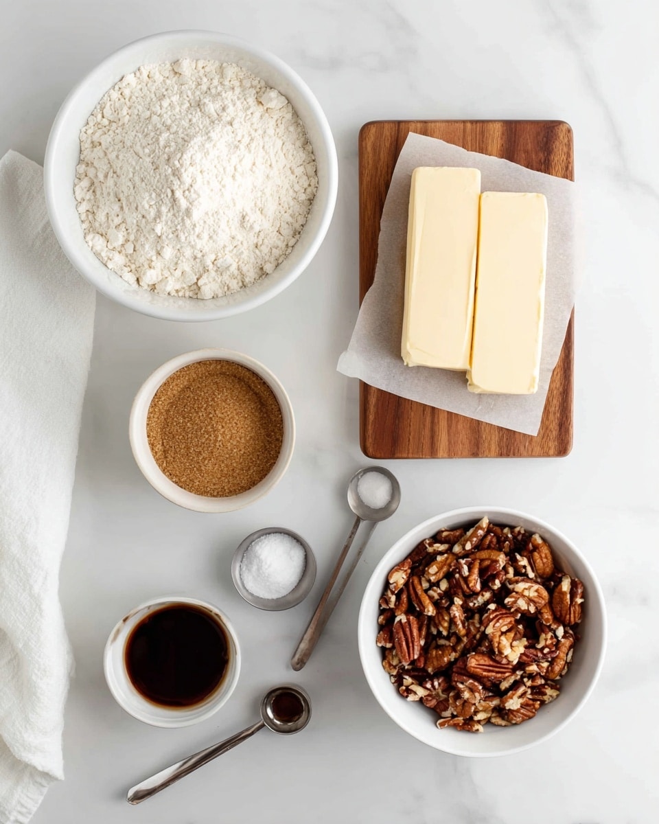 The image shows five small pecan tarts arranged on white parchment paper over a white marbled surface. Each tart has a golden-brown, flaky crust with a detailed, scalloped edge. Inside, there is a sticky, caramel-like filling topped with glossy, whole pecans that have a rich, dark brown color with visible ridges. The filling is smooth and shiny, slightly translucent with a hint of texture from chopped pecans underneath. The tarts are close together, with some overlapping slightly, showcasing the different shapes and sizes of the pecans on top. photo taken with an iphone --ar 4:5 --v 7