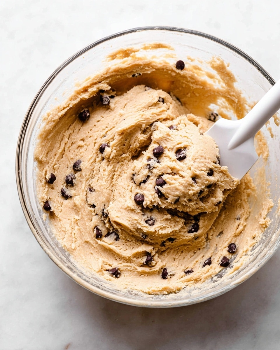 A white dish holds two layers: the bottom layer is thick, light brown cookie dough with visible dark chocolate chips scattered throughout, pressed flat and filling the dish evenly; on top is a smooth, glossy dark brown chocolate spread that is evenly spread with curved, flowing strokes creating a silky texture. The dish sits on a white marbled surface. Photo taken with an iphone --ar 4:5 --v 7
