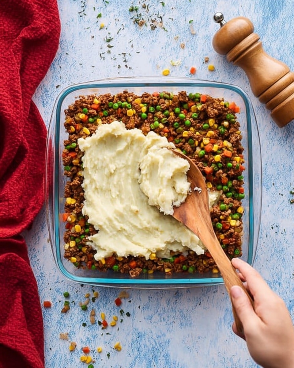 A slice of shepherd's pie is shown on a white plate, featuring two main layers. The bottom layer is a mix of brown cooked ground meat with visible green peas, orange carrot pieces, and yellow corn kernels, giving a colorful, textured look. The top layer is smooth, creamy mashed potatoes in a pale yellow shade with some slight golden brown spots from light baking. Fresh green chopped parsley is sprinkled on top and around the plate. The background is a white marbled texture. Photo taken with an iphone --ar 4:5 --v 7