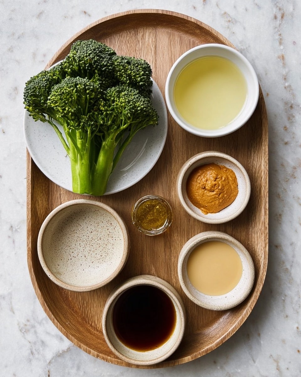 A wooden tray with six small round dishes arranged on a white marbled surface. On the top left is a white plate holding a bright green broccoli head with small, tight florets and thick stalks. To the right, a white bowl contains a pale yellow liquid. Below the plate, there is a small beige speckled bowl with a smooth neutral-colored paste inside. Next to it, a small round bowl with brown and white glazing holds a thick orange paste. On the right, a small beige speckled bowl contains a light yellow liquid. At the bottom center, a small white bowl holds dark amber liquid. All dishes have simple and smooth textures, arranged neatly on the wooden tray. photo taken with an iphone --ar 4:5 --v 7