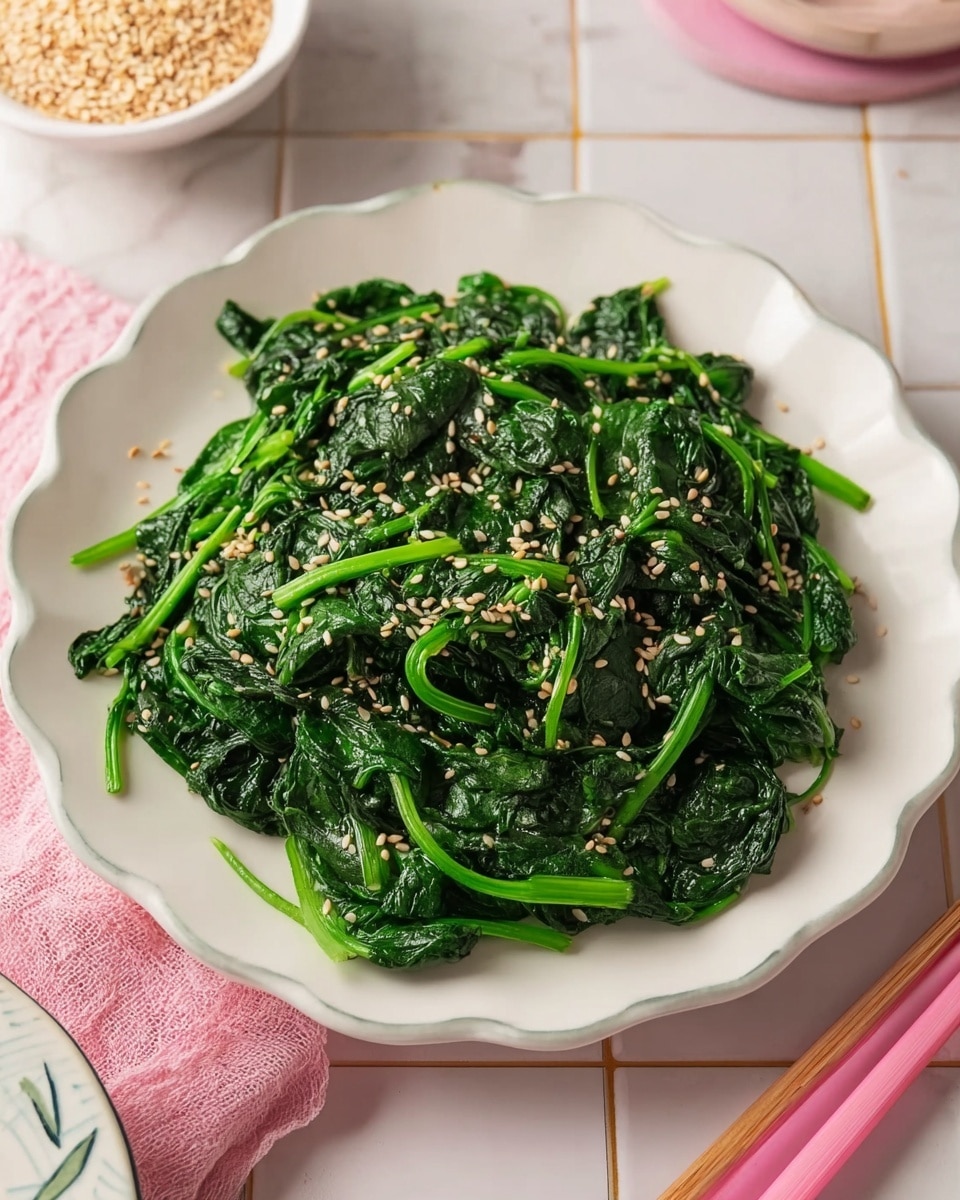 A white scalloped bowl filled with bright green cooked spinach leaves that have a shiny, slightly oily texture, sprinkled evenly with light beige sesame seeds. A pair of wooden chopsticks held by a woman's hand is lifting a small bundle of spinach with sesame seeds, showing the texture and moistness of the spinach clearly. The background is soft pink with a blurred white scalloped dish containing more sesame seeds and a blurred white pot. The bowl is placed on a white marbled surface. photo taken with an iphone --ar 4:5 --v 7