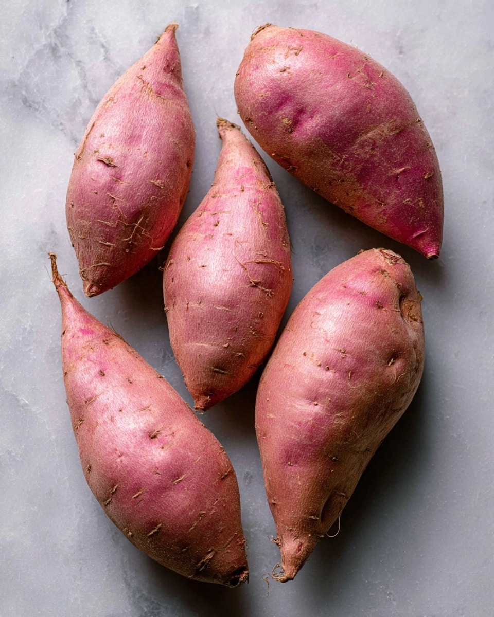 Four whole sweet potatoes with rough pinkish-brown skins and small blemishes lie directly on a white marbled surface. The shapes are varied, with some wider and others more narrow and pointed, showing natural textures and slight scars on their skin. The lighting highlights their smooth yet slightly uneven surfaces, creating soft shadows around them. Photo taken with an iphone --ar 4:5 --v 7