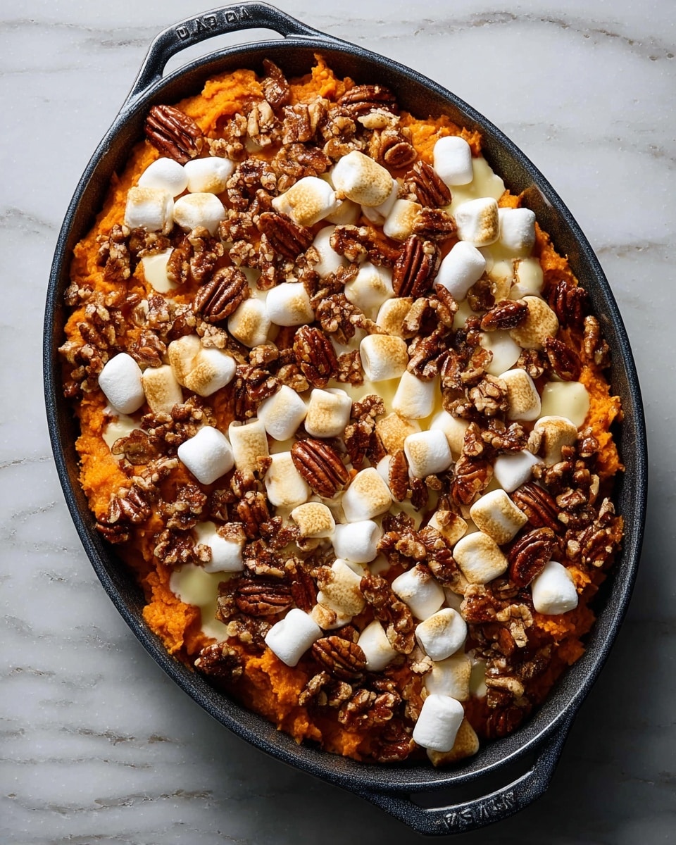 An oval-shaped cast iron pan filled with a layered sweet potato casserole sits on a white marbled surface. The bottom layer is mashed orange sweet potatoes, soft and slightly chunky, covering the base of the pan. Scattered on top are soft white marshmallows, puffed and slightly melted in spots. Generously spread among the marshmallows are whole brown pecans, adding a rough, crunchy texture. Small pats of pale yellow butter are nestled here and there within the layers, visible between the sweet potatoes and marshmallows. The colors show a mix of bright orange, creamy white, and rich brown, creating a cozy and inviting look. Photo taken with an iphone --ar 4:5 --v 7