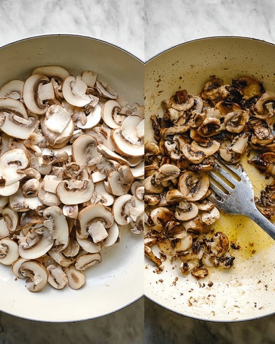 This image shows two side-by-side white pans on a white marbled surface. The left pan is filled with cooked brown mushrooms spread around the edge, with a large pile of raw, off-white long grain rice in the center. In the right pan, the mushrooms and rice are mixed together evenly, creating a textured mix of brown and off-white colors with the mushrooms sliced and visible throughout. The pans have worn spots and a few browned bits from cooking on their creamy white surfaces. The photo taken with an iphone --ar 4:5 --v 7