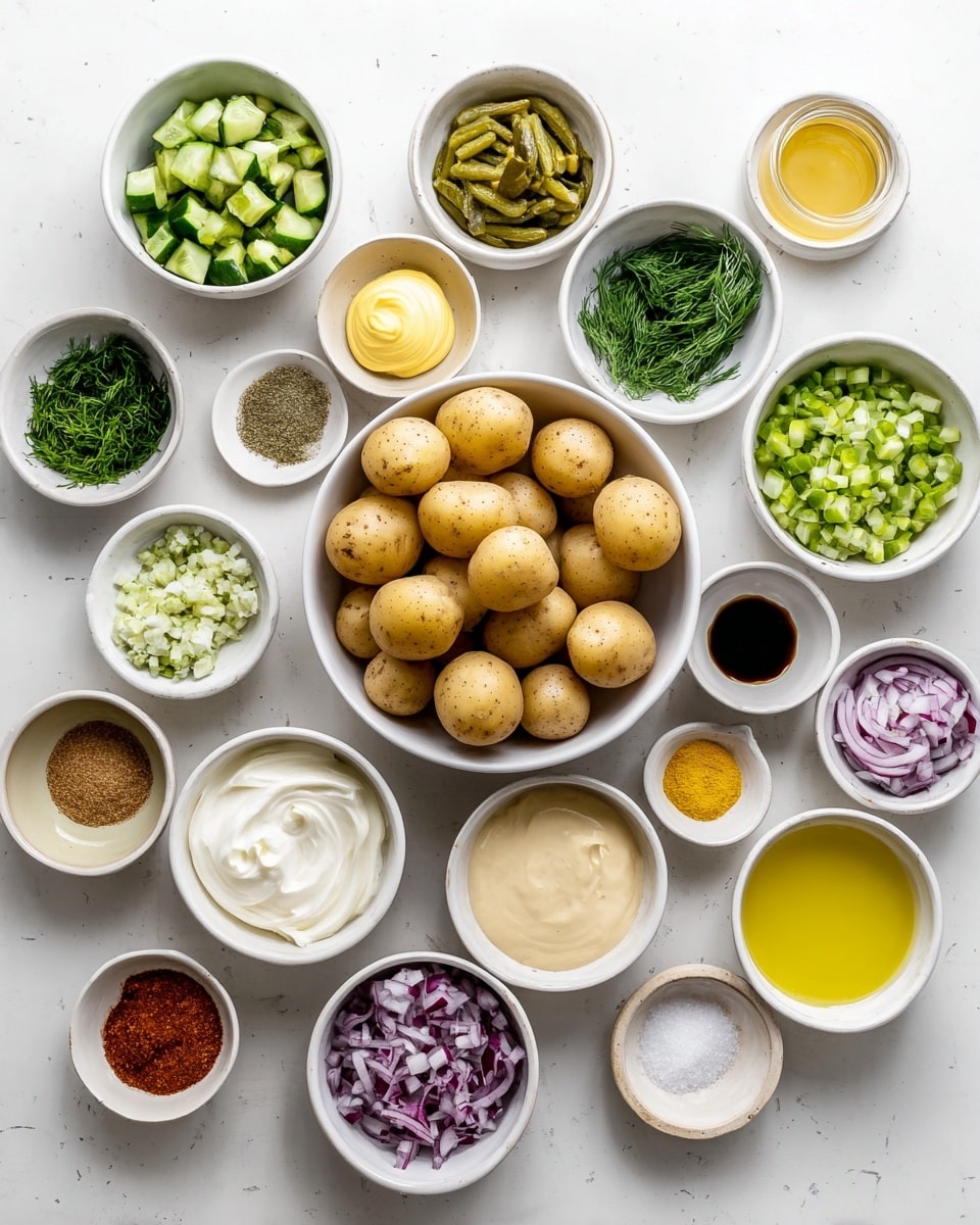 The image shows 17 small white bowls arranged on a white marbled surface, each filled with different ingredients for a dish. The largest bowl in the center holds many small, light brown potatoes. Around it, bowls contain various chopped and whole items: light green diced pickles, light green chopped cucumber, finely chopped green herbs, small diced purple onion, fresh green dill, a bowl of yellow mustard, white sour cream, a beige creamy substance, a golden liquid, a reddish brown liquid, a light yellow minced paste, white salt, a mixture of red and beige powder seasonings, and a clear light yellow liquid. All items are neatly arranged in a grid-like formation on the white marbled background. Photo taken with an iphone --ar 4:5 --v 7