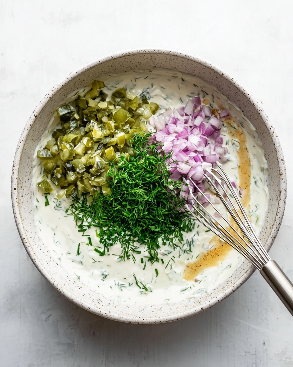 A white speckled bowl holds a mixture of creamy white sauce with small green dill pieces spread throughout. On top, three main layers of ingredients are placed but not mixed: light green, roughly chopped pickles on the left, finely chopped fresh green chives in the middle closer to the top, and finely chopped light purple onions on the upper right. There is also a swirl of light brown mustard running through some parts of the sauce near the right side. A silver whisk rests diagonally inside the bowl, partially submerged in the sauce. The bowl sits on a white marbled surface. Photo taken with an iphone --ar 4:5 --v 7