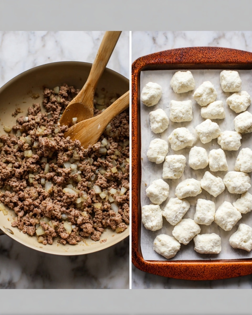 The image shows two side-by-side scenes: on the left, a frying pan with browned ground meat mixed with small pieces of cooked onion, with a wooden spoon stirring the mixture; on the right, a white baking tray lined with parchment paper filled with small, unevenly shaped white dough pieces ready to bake, all placed on a white marbled surface. photo taken with an iphone --ar 4:5 --v 7